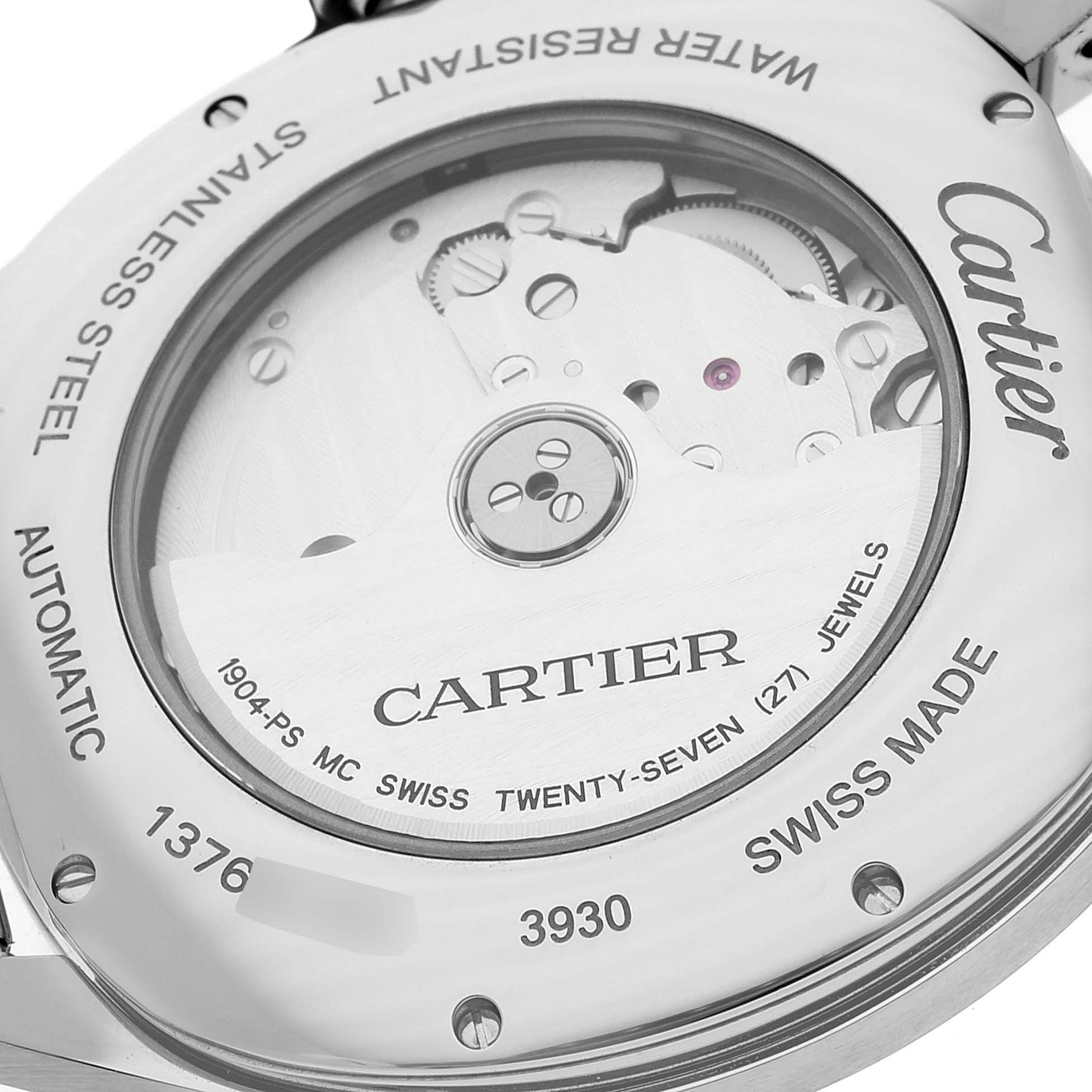 This image shows the back view of the Drive de Cartier watch by Cartier, highlighting the automatic movement and inner mechanisms.