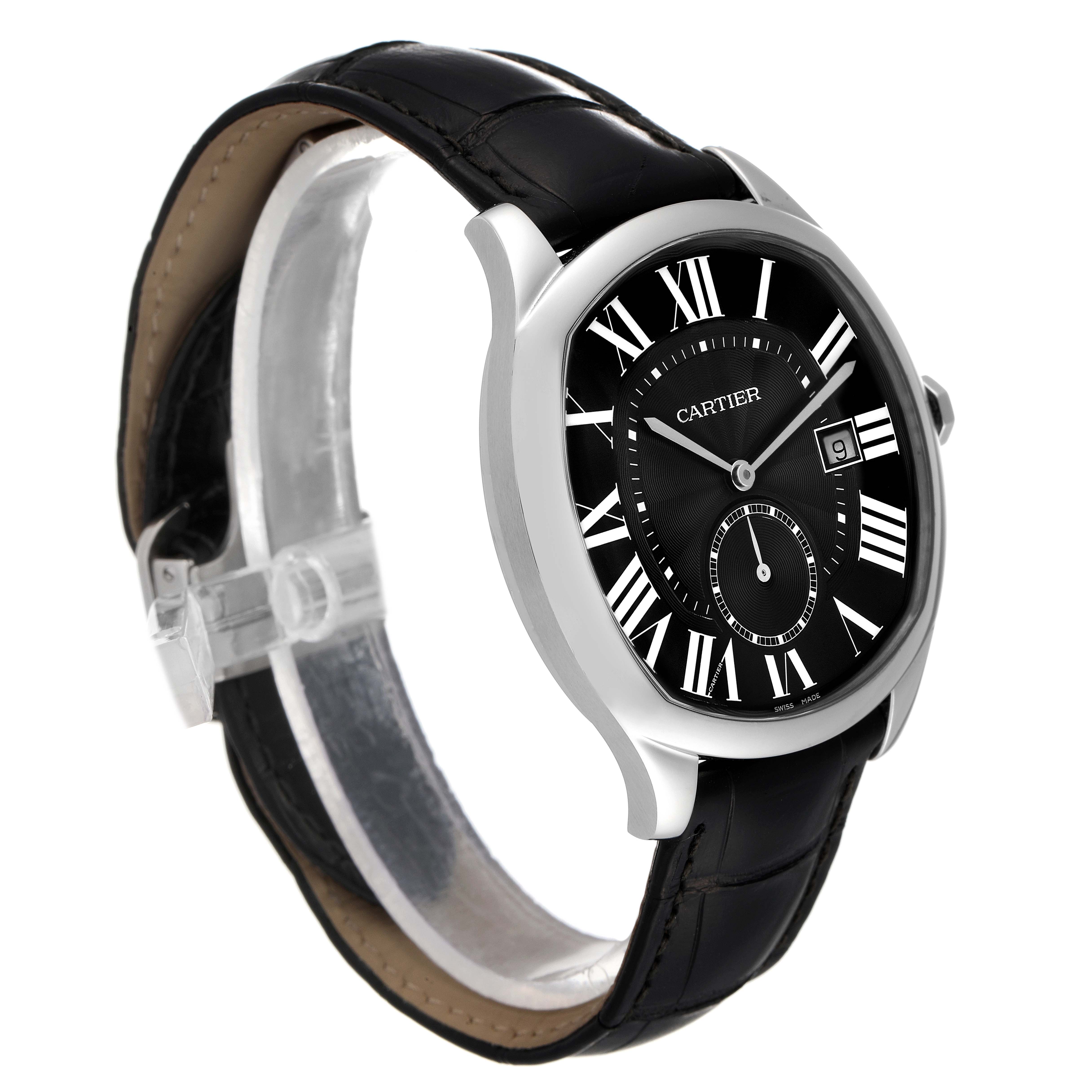 The image shows a side angle view of the Drive de Cartier watch by Cartier, featuring its black leather strap and black dial with Roman numeral indices.