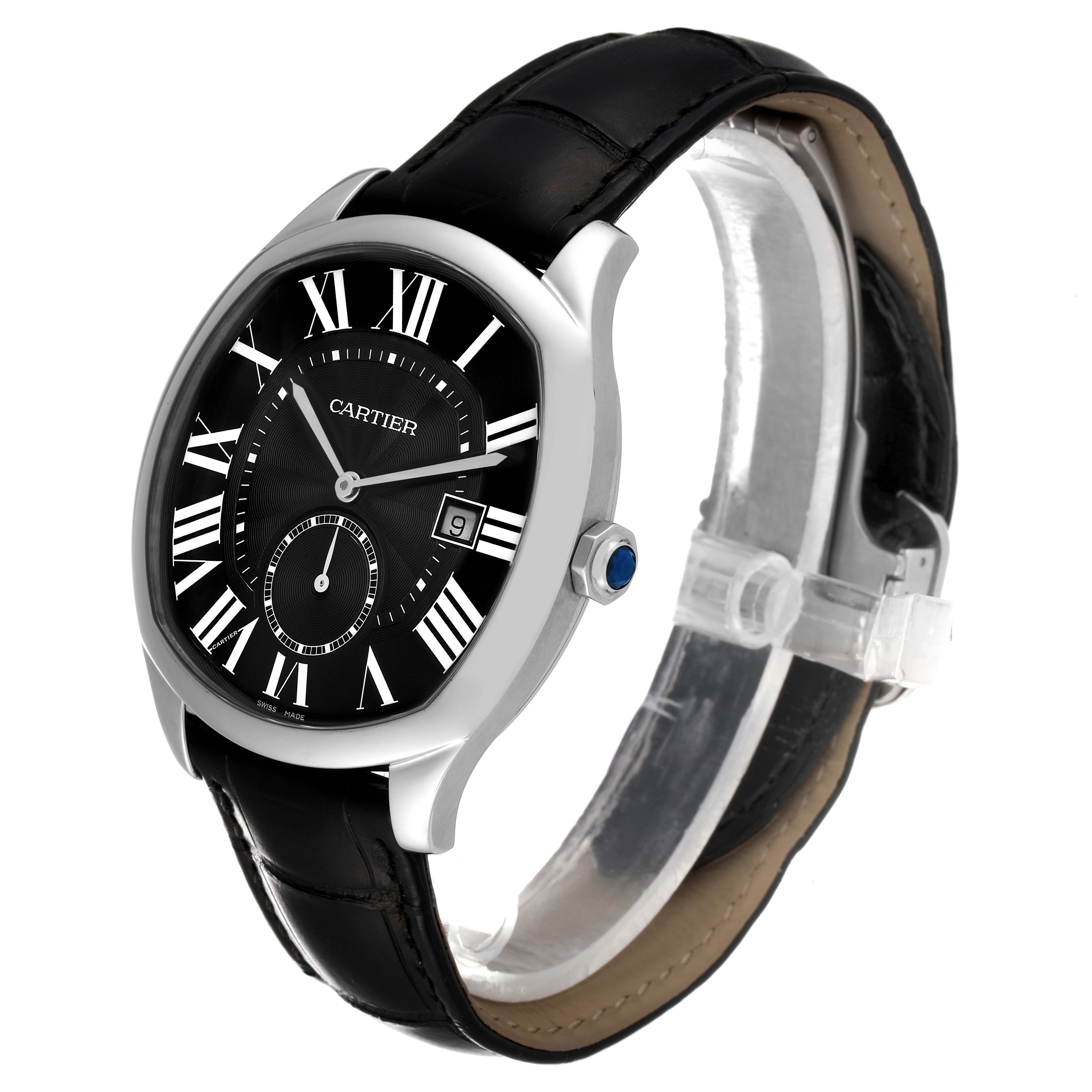 The image shows a Drive de Cartier watch by Cartier at an angled side view, displaying the watch face and leather strap.