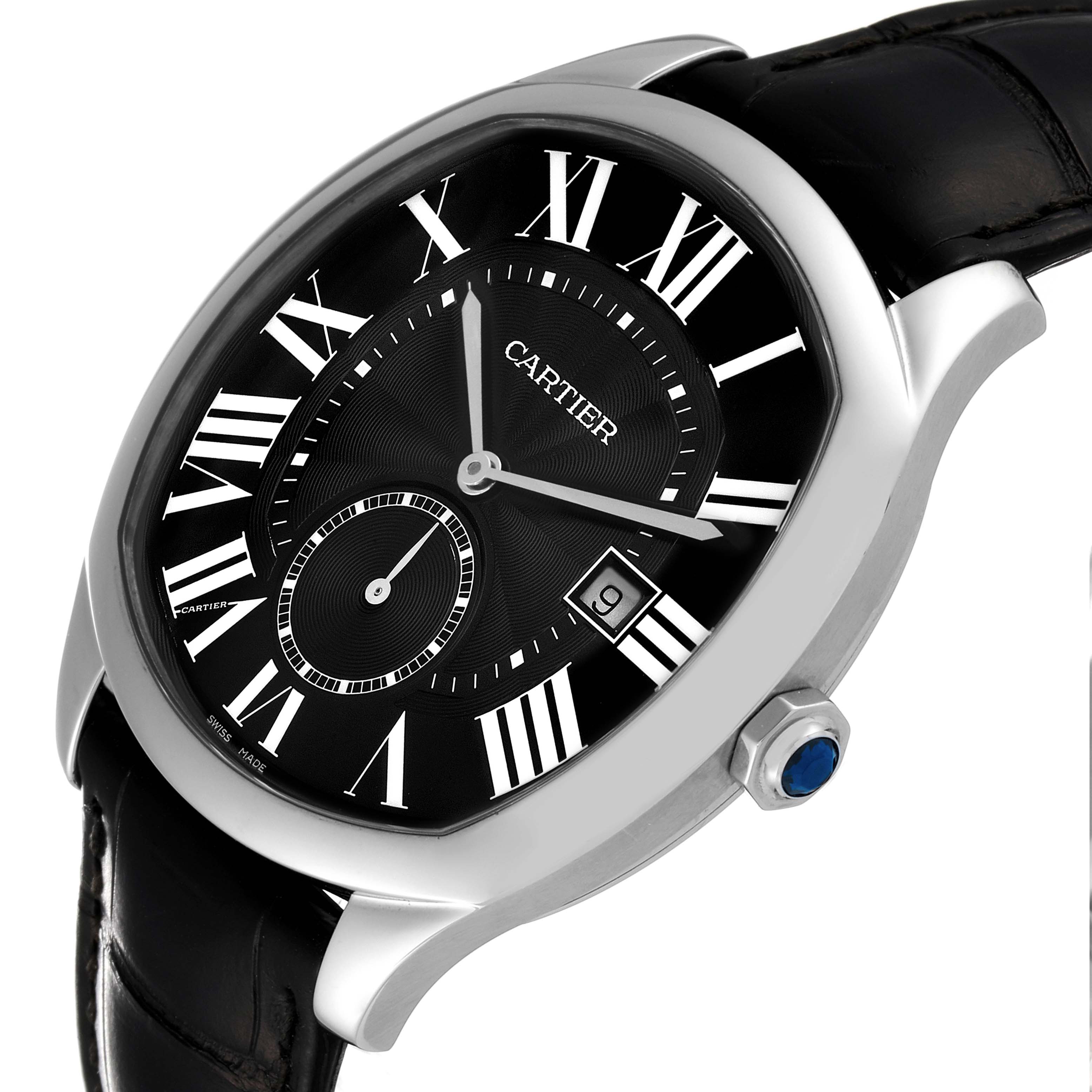 The Drive de Cartier watch by Cartier is shown at an angle highlighting the face, Roman numerals, date window, and crown with a blue cabochon.