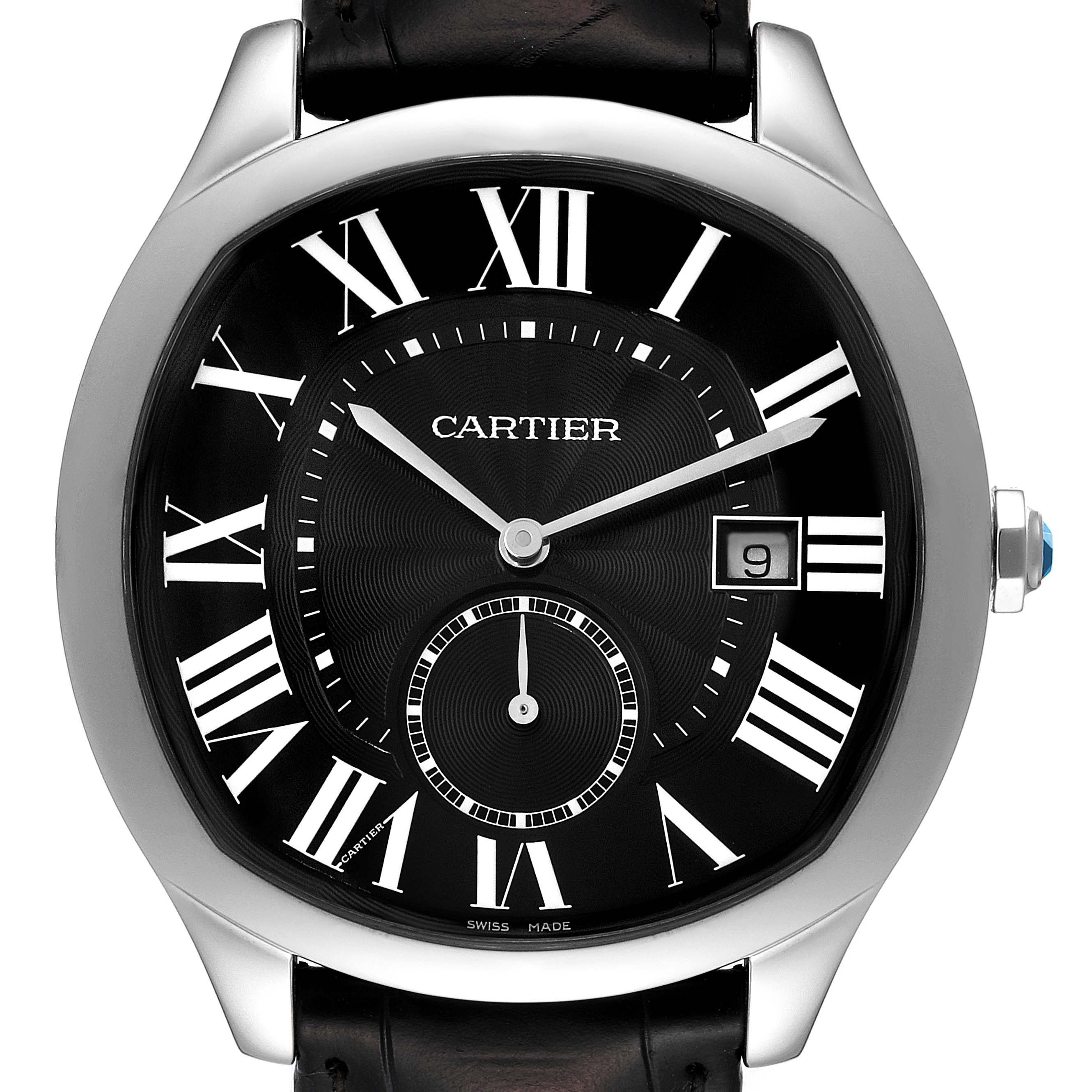 The image shows a frontal view of the Drive de Cartier watch by Cartier, highlighting its Roman numerals, date window, and sub-dial.