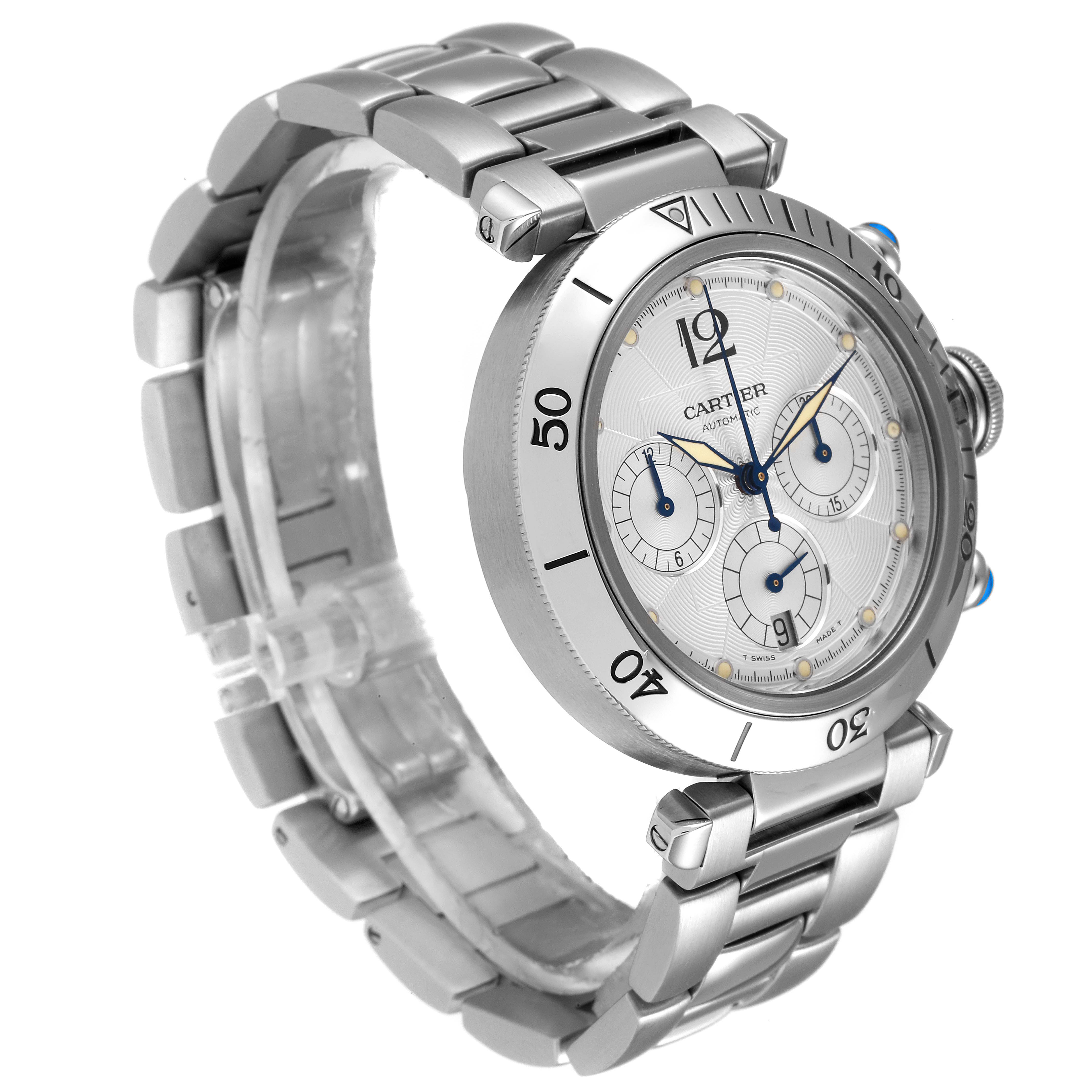 This image shows the Cartier Pasha W31030H3 Men
s Stainless Steel Silver Dial W31030H3 Men
s Stainless Steel Silver Dial watch at a three-quarter angle, highlighting the face, bezel, crown, and metal bracelet.