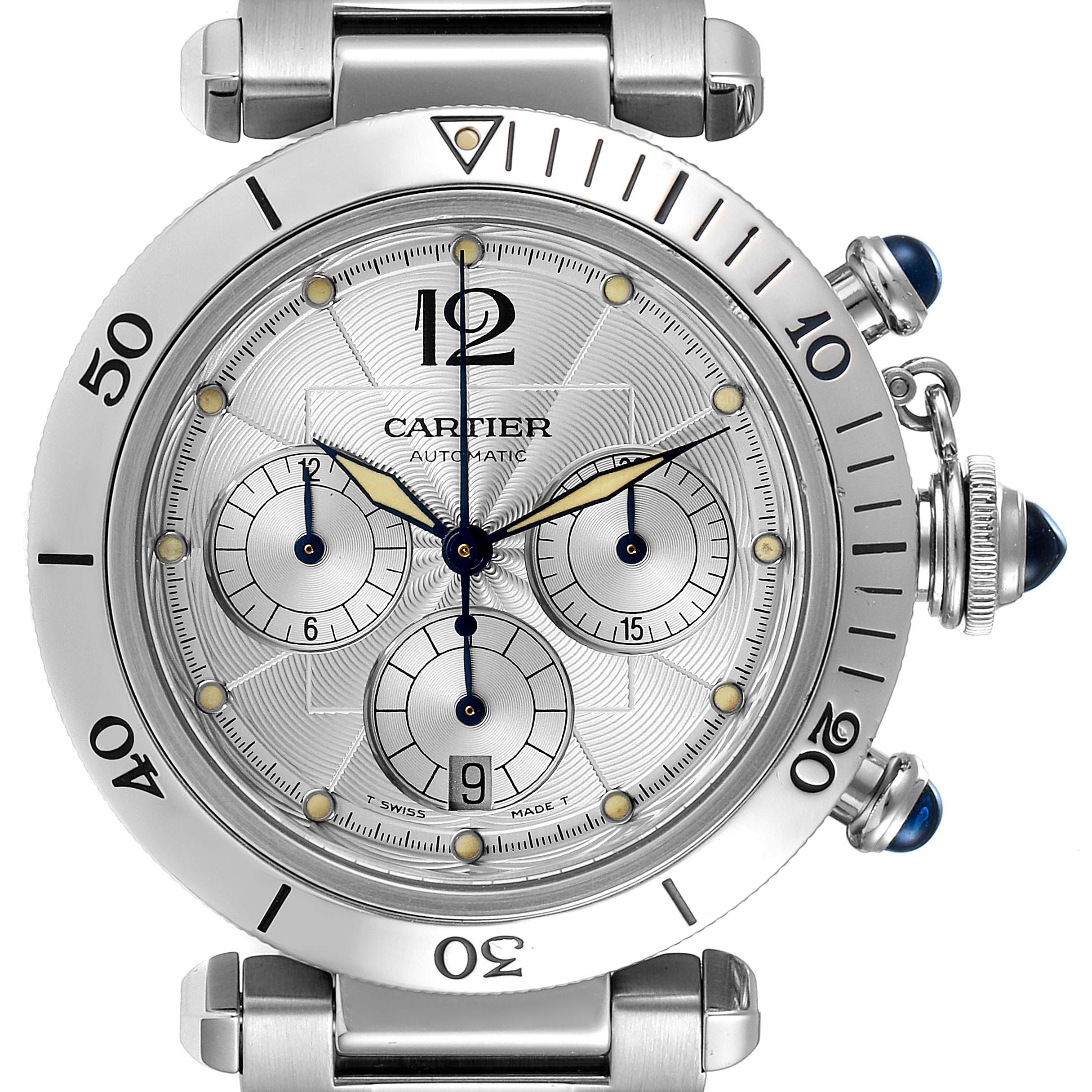 The Cartier Pasha W31030H3 Men
s Stainless Steel Silver Dial W31030H3 Men
s Stainless Steel Silver Dial watch is shown from a top-down angle, including the face, bezel, and crown.