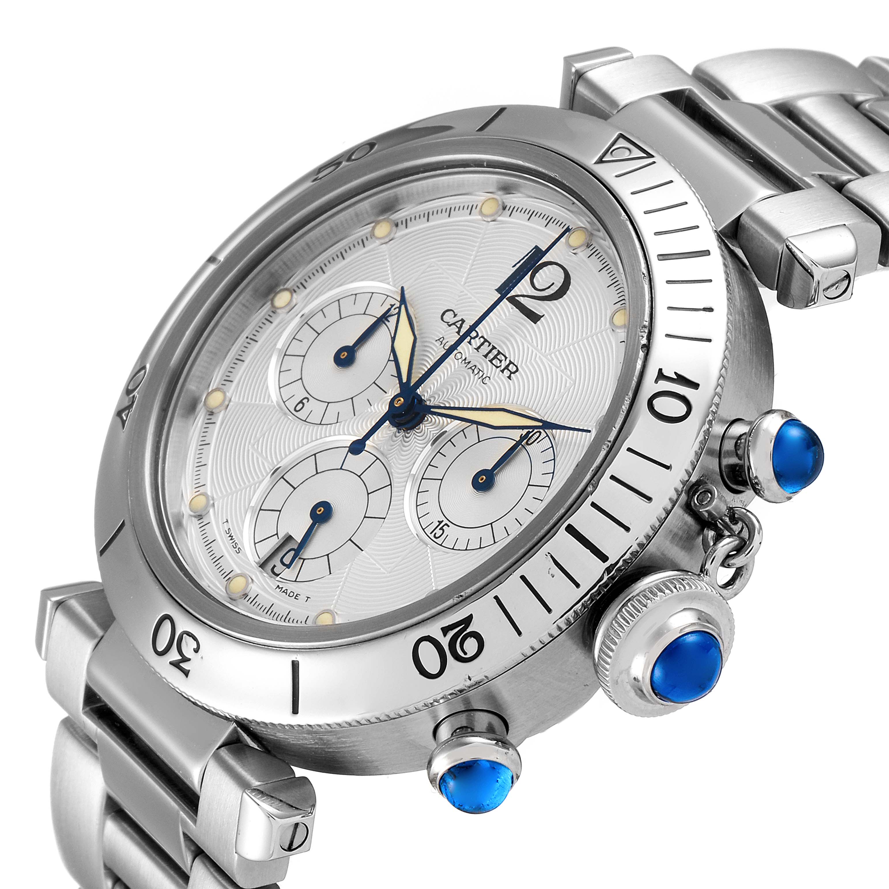 This image shows a close-up side angle of the Cartier Pasha W31030H3 Men
s Stainless Steel Silver Dial W31030H3 Men
s Stainless Steel Silver Dial watch, highlighting its dial, bezel, and blue cabochon crown and pushers.