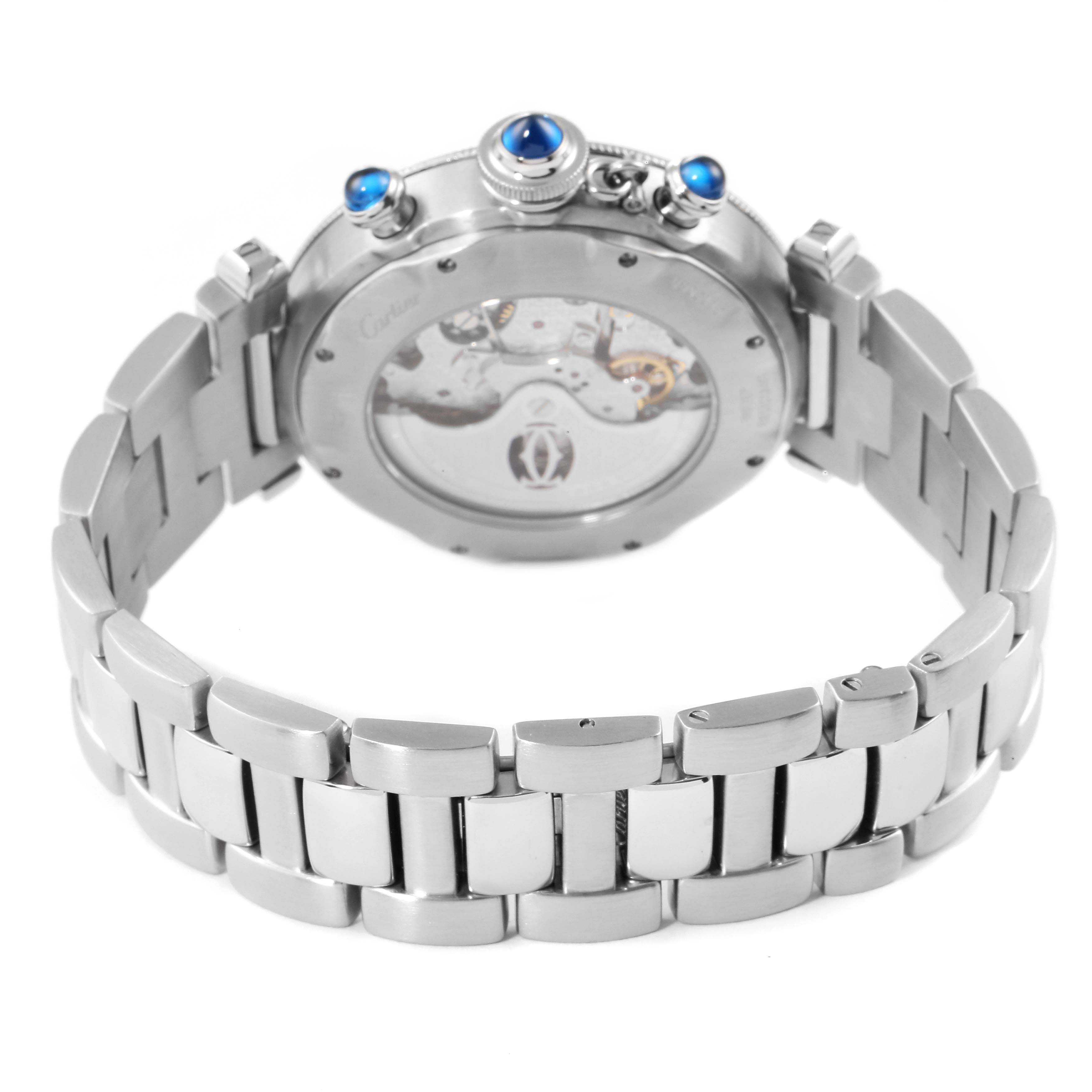 This image shows the back view of a Cartier Pasha W31030H3 Men
s Stainless Steel Silver Dial W31030H3 Men
s Stainless Steel Silver Dial watch, highlighting its bracelet and visible movement.