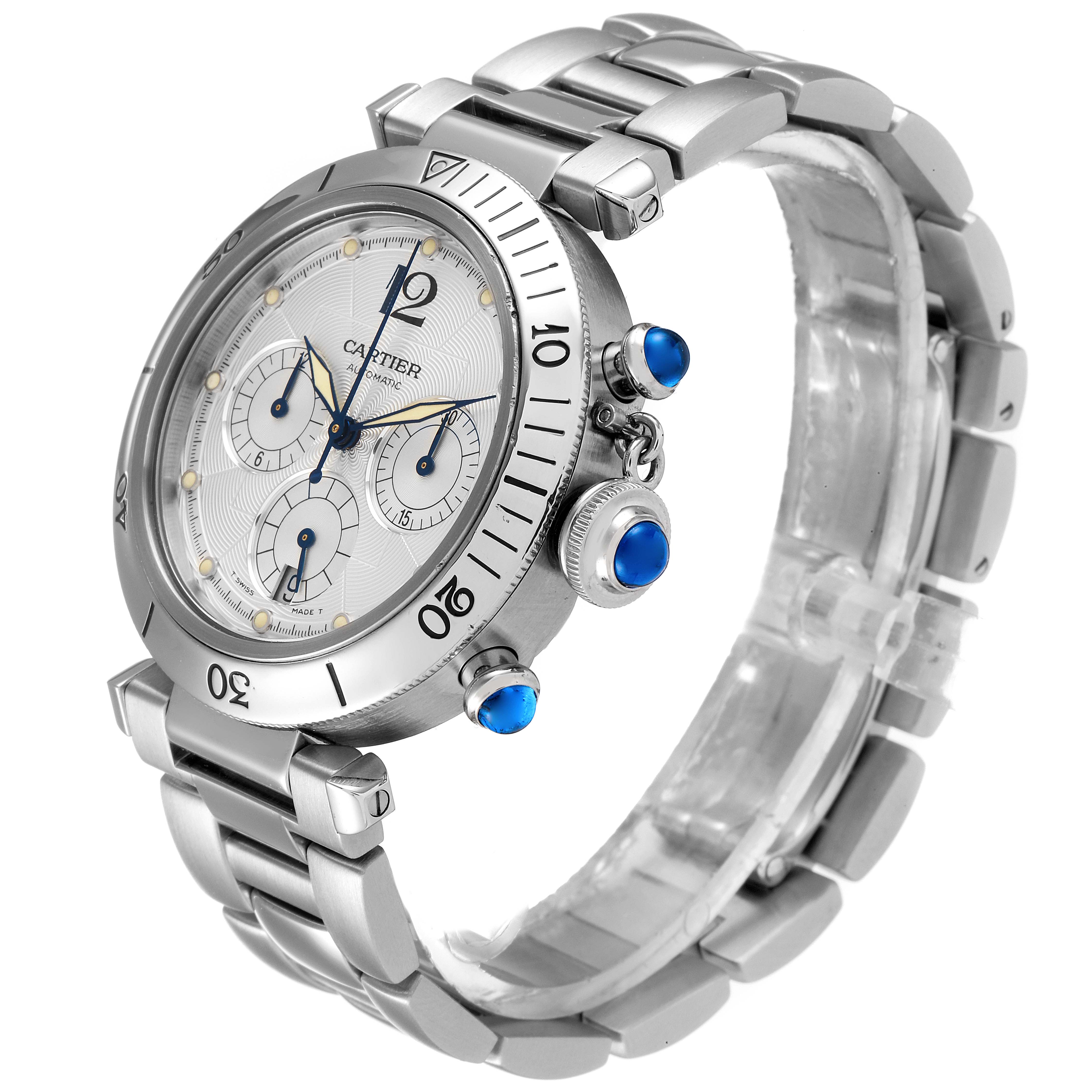 This image shows a Cartier Pasha W31030H3 Men
s Stainless Steel Silver Dial W31030H3 Men
s Stainless Steel Silver Dial watch at an angle, highlighting its face, side buttons, crown, and metal bracelet.
