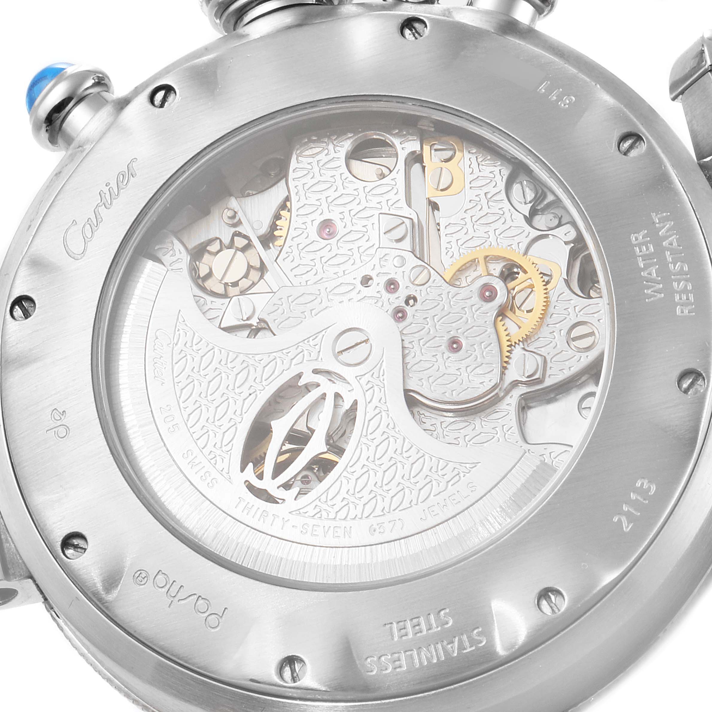 The image shows the back view of a Cartier Pasha W31030H3 Men
s Stainless Steel Silver Dial W31030H3 Men
s Stainless Steel Silver Dial watch, displaying its intricate movement and stainless steel case back.