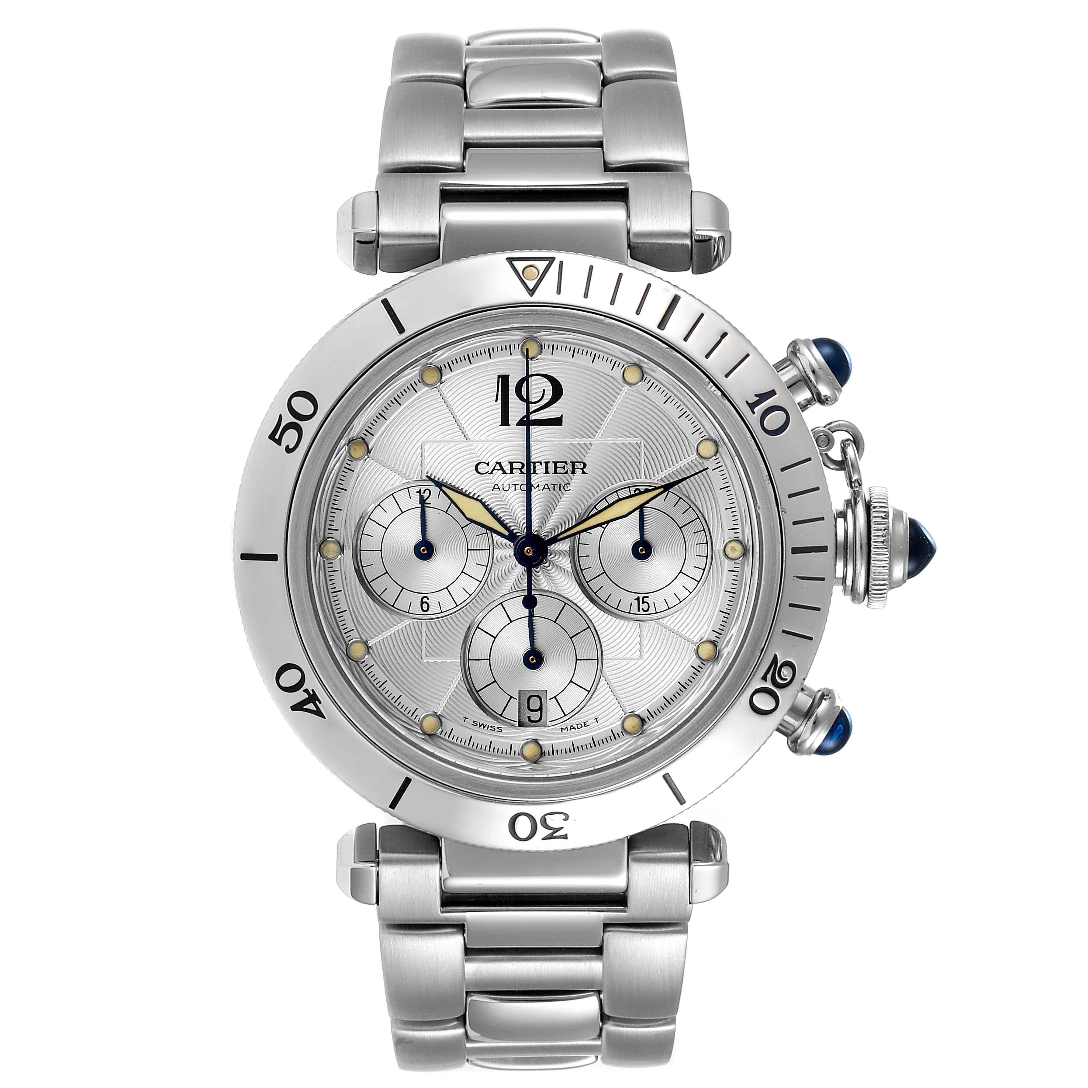 This image shows a Cartier Pasha W31030H3 Men
s Stainless Steel Silver Dial W31030H3 Men
s Stainless Steel Silver Dial watch from a front angle, highlighting the face, bezel, and stainless steel bracelet.