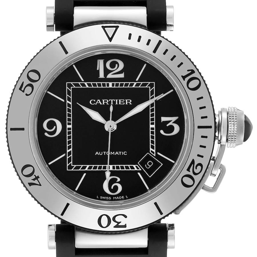The Cartier Pasha watch is shown from a front angle, highlighting the dial, bezel, and crown.