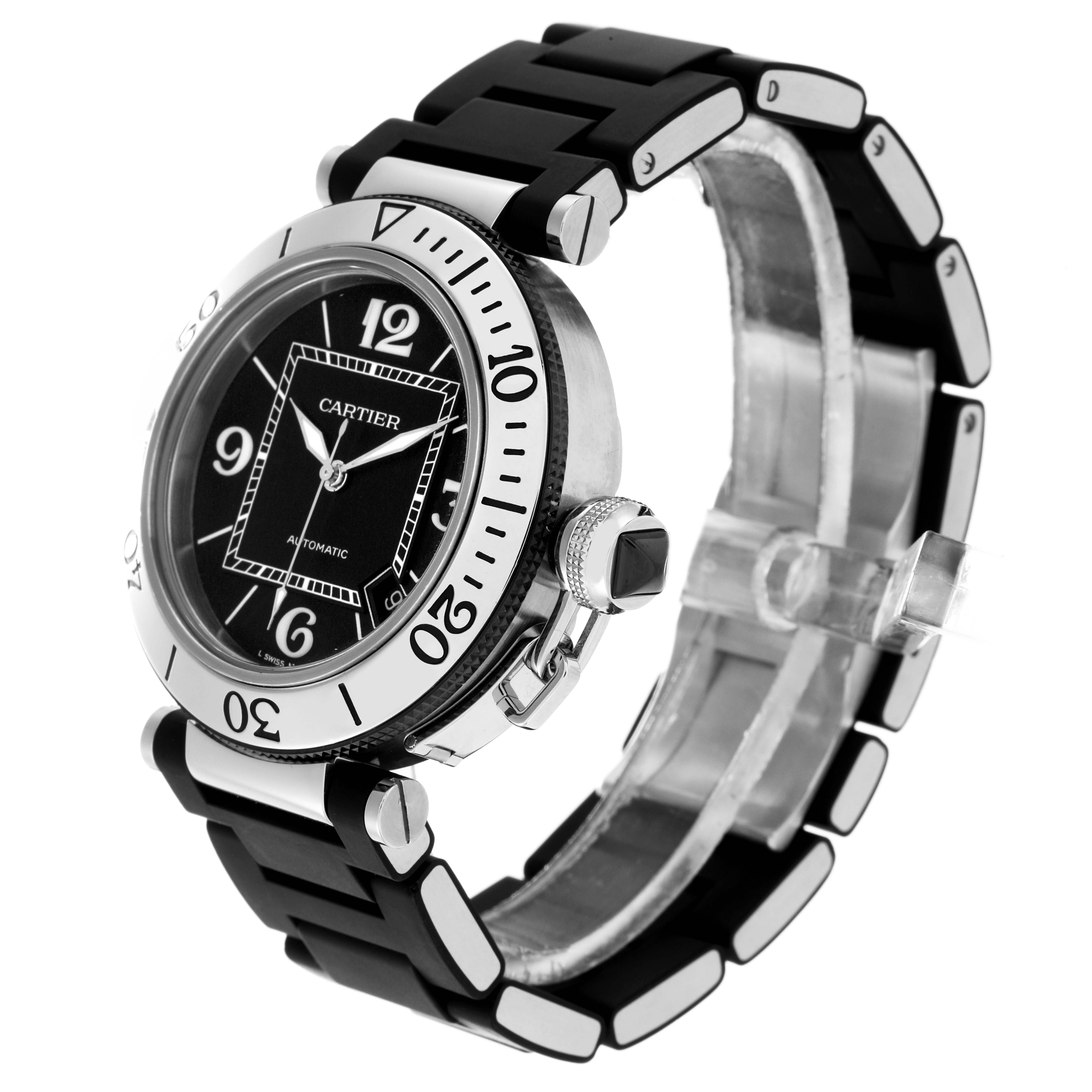 The Cartier Pasha W31077U2 Men
s Stainless Steel Black Dial W31077U2 Men
s Stainless Steel Black Dial watch is shown at a three-quarter angle, displaying the dial, bezel, crown, and bracelet.