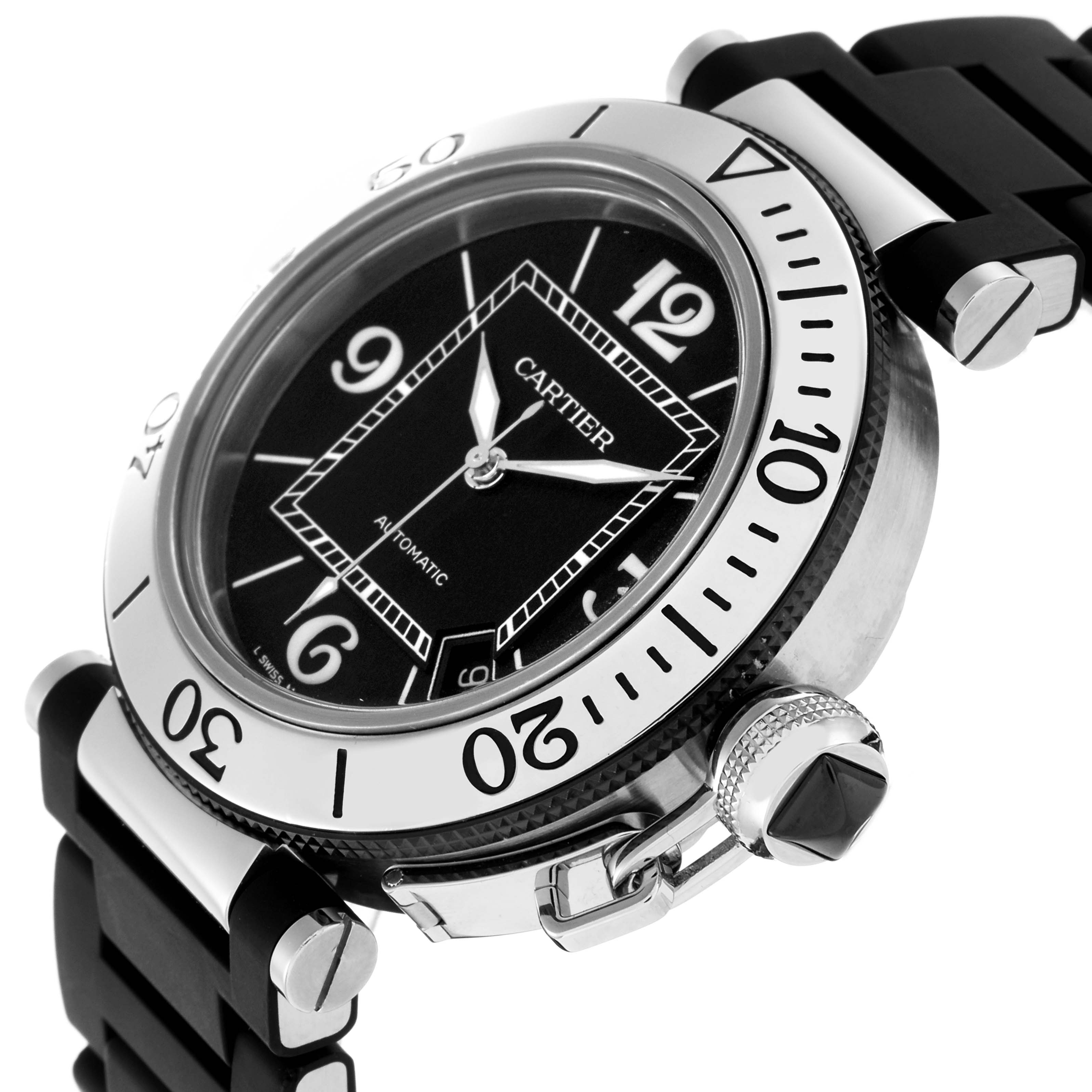 The Cartier Pasha W31077U2 Men
s Stainless Steel Black Dial W31077U2 Men
s Stainless Steel Black Dial watch is shown at an angle displaying the bezel, dial, crown, and part of the rubber strap.