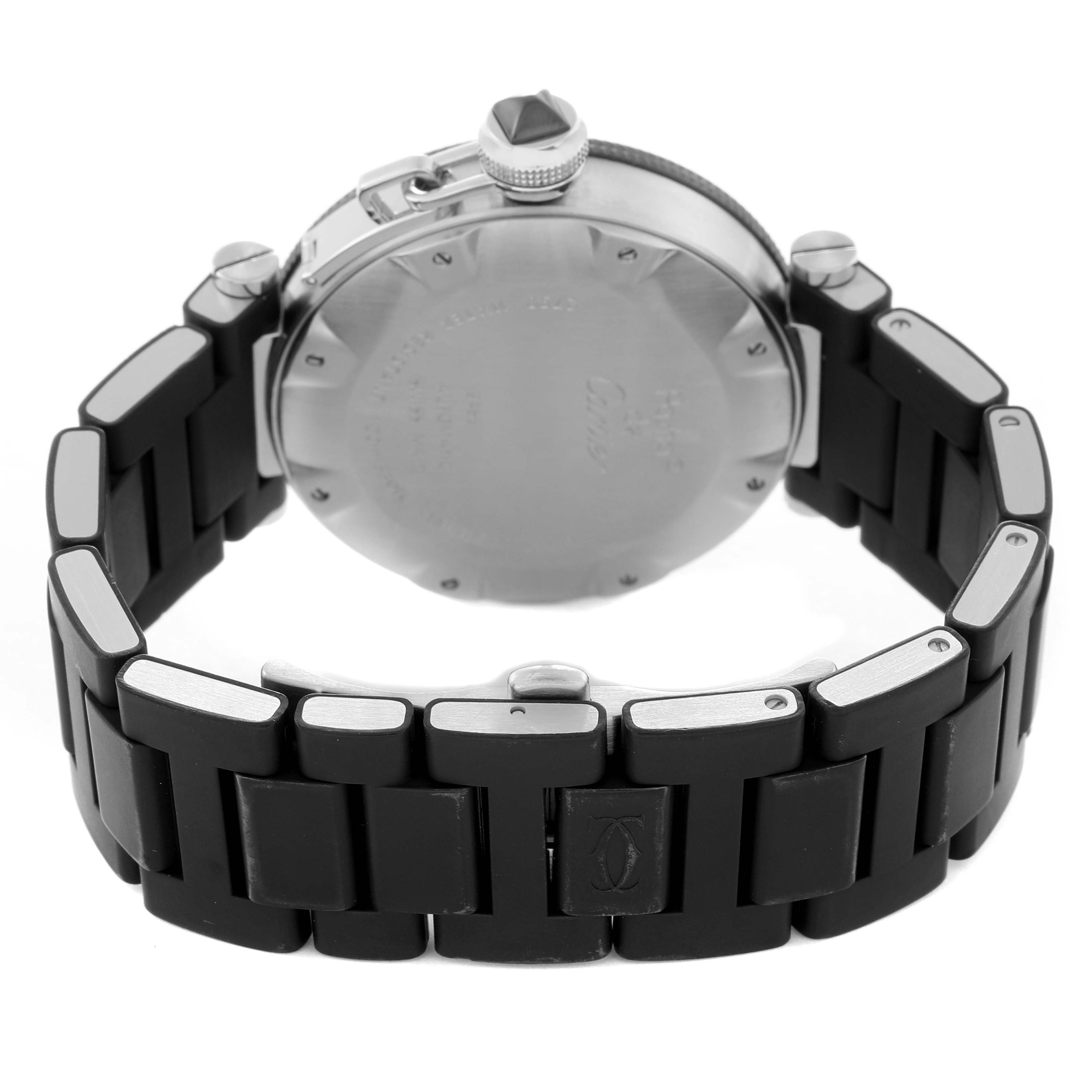 The Cartier Pasha W31077U2 Men
s Stainless Steel Black Dial W31077U2 Men
s Stainless Steel Black Dial watch is shown from the back, highlighting the case back, crown, and bracelet links.