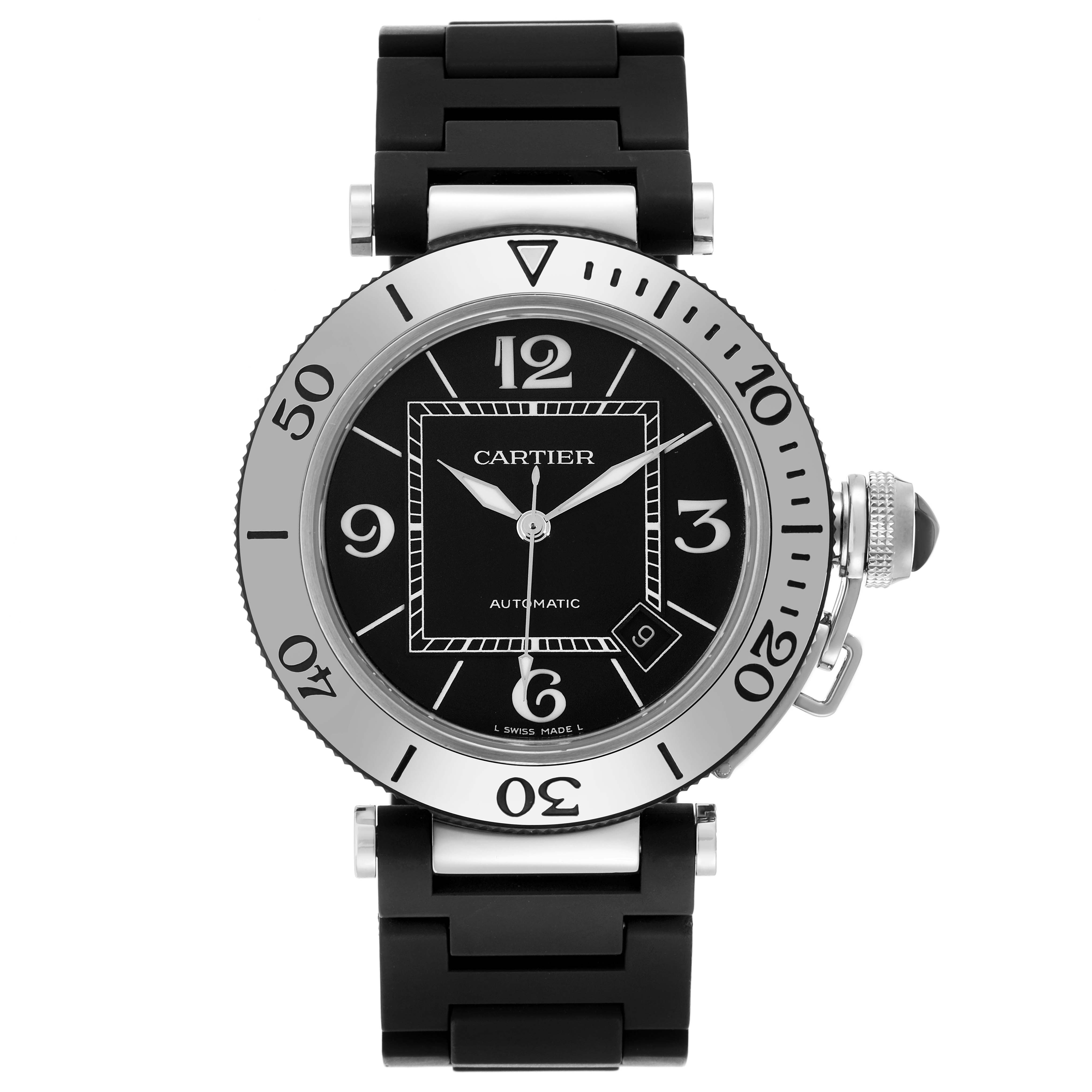 The Cartier Pasha W31077U2 Men
s Stainless Steel Black Dial W31077U2 Men
s Stainless Steel Black Dial watch is shown from a front angle, displaying its dial, bezel, crown, and black strap.