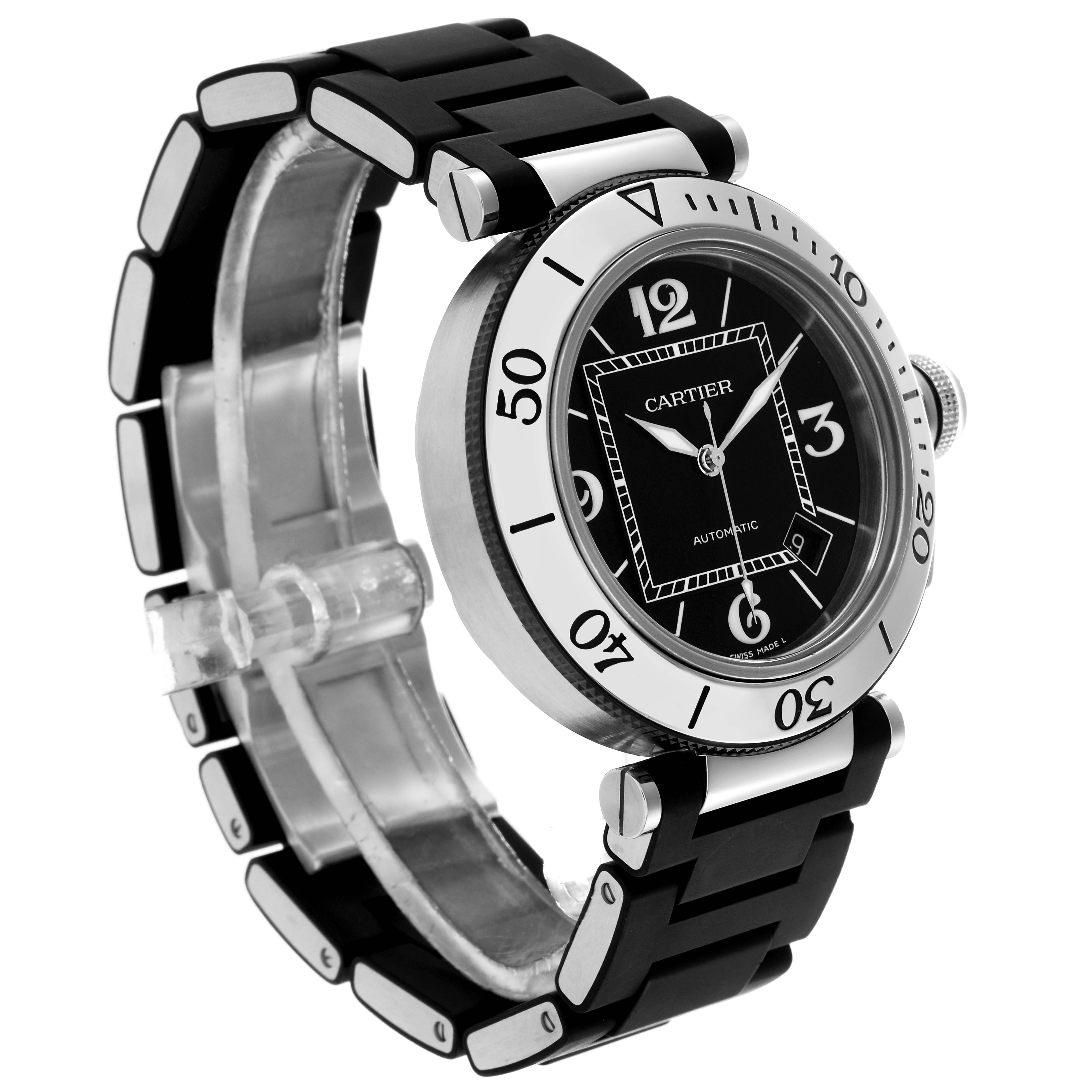 The Pasha de Cartier watch is angled to show the face, bezel, bracelet, and crown detail.