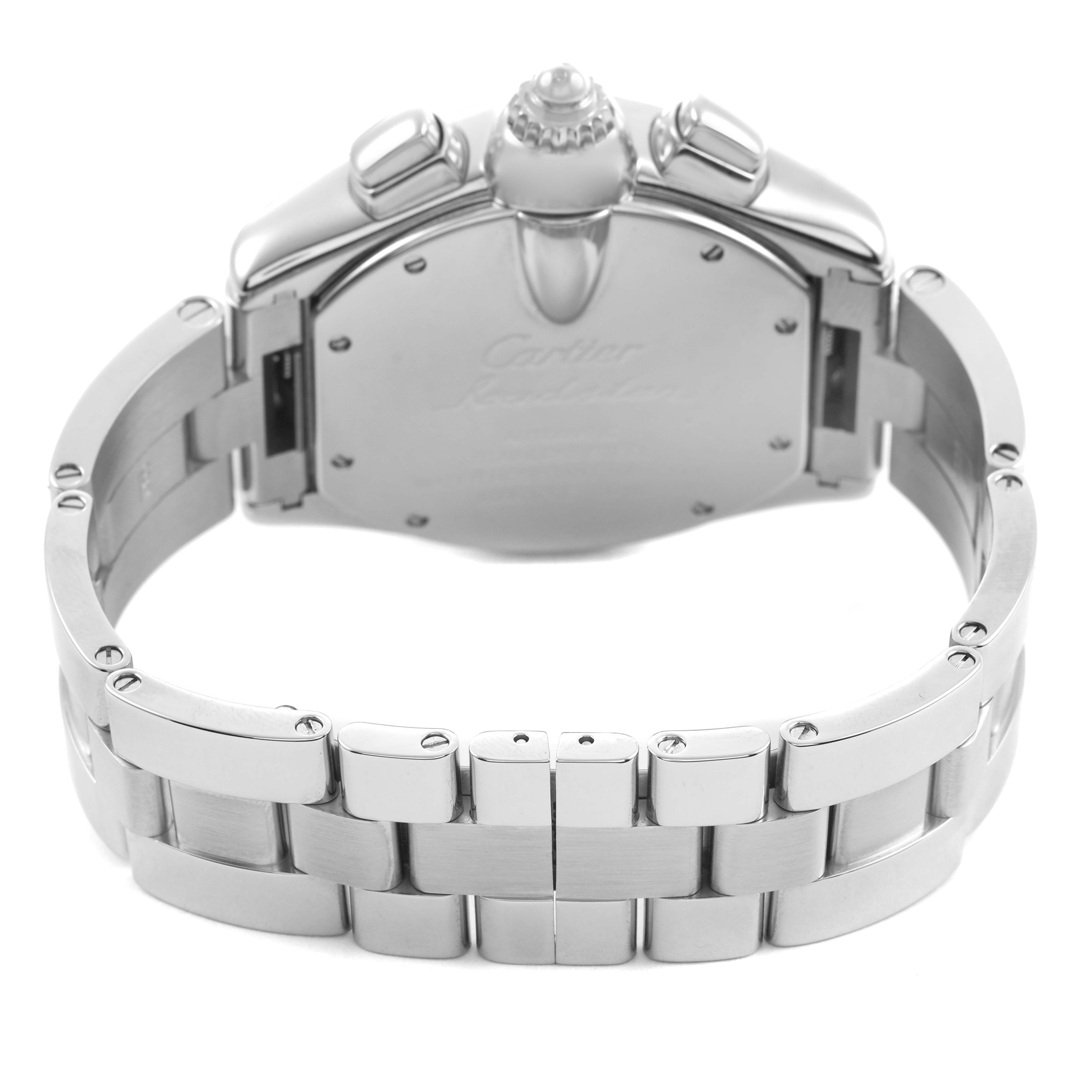 The image shows the back view of a Cartier Roadster W62019X6 Men's Stainless Steel Silver Dial watch, highlighting its bracelet and case back.