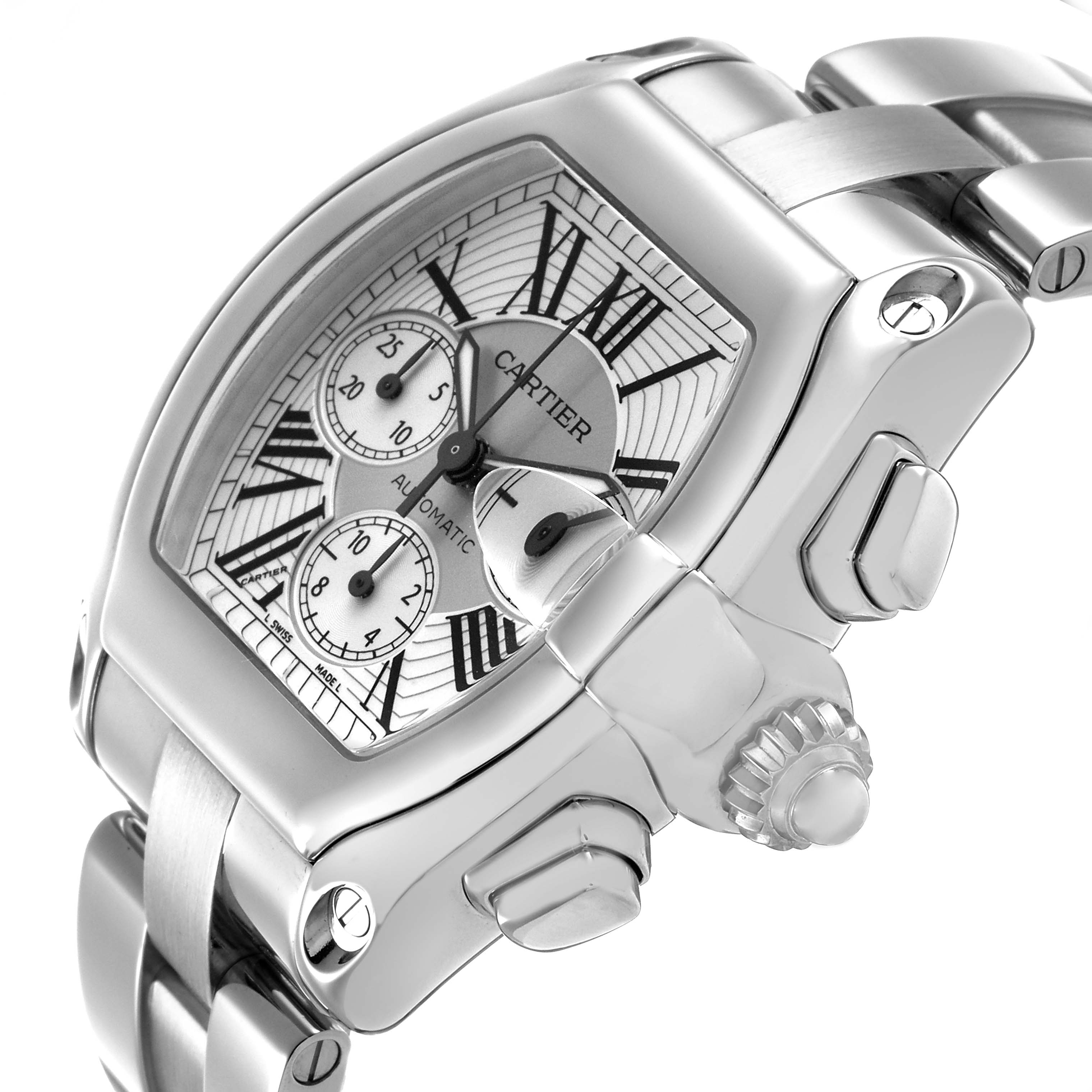 The Cartier Roadster W62019X6 Men's Stainless Steel Silver Dial watch is shown at an angle highlighting the bezel, dial, crown, and part of the bracelet.