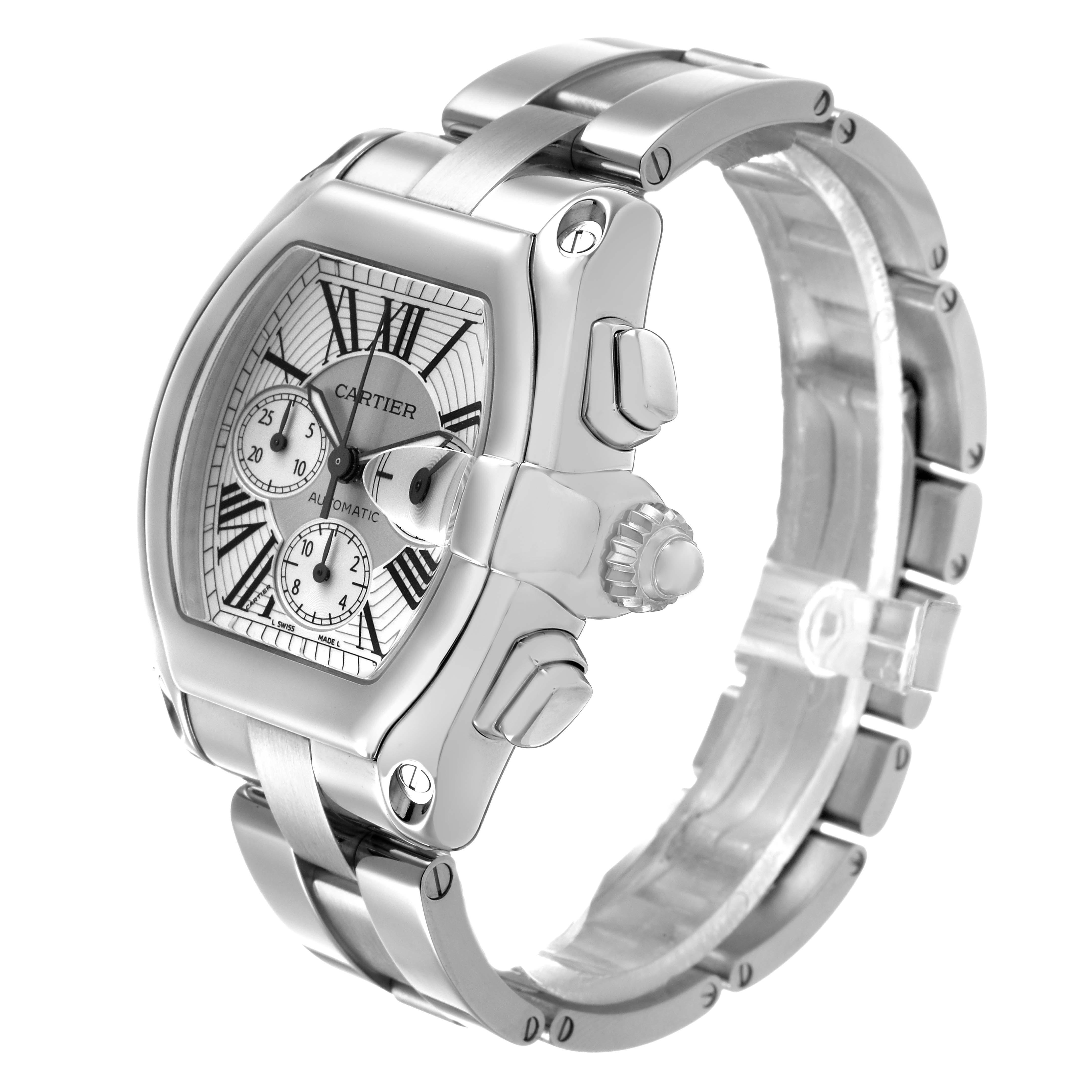 The Cartier Roadster W62019X6 Men's Stainless Steel Silver Dial watch is shown at a three-quarter angle, highlighting the face, crown, and bracelet.