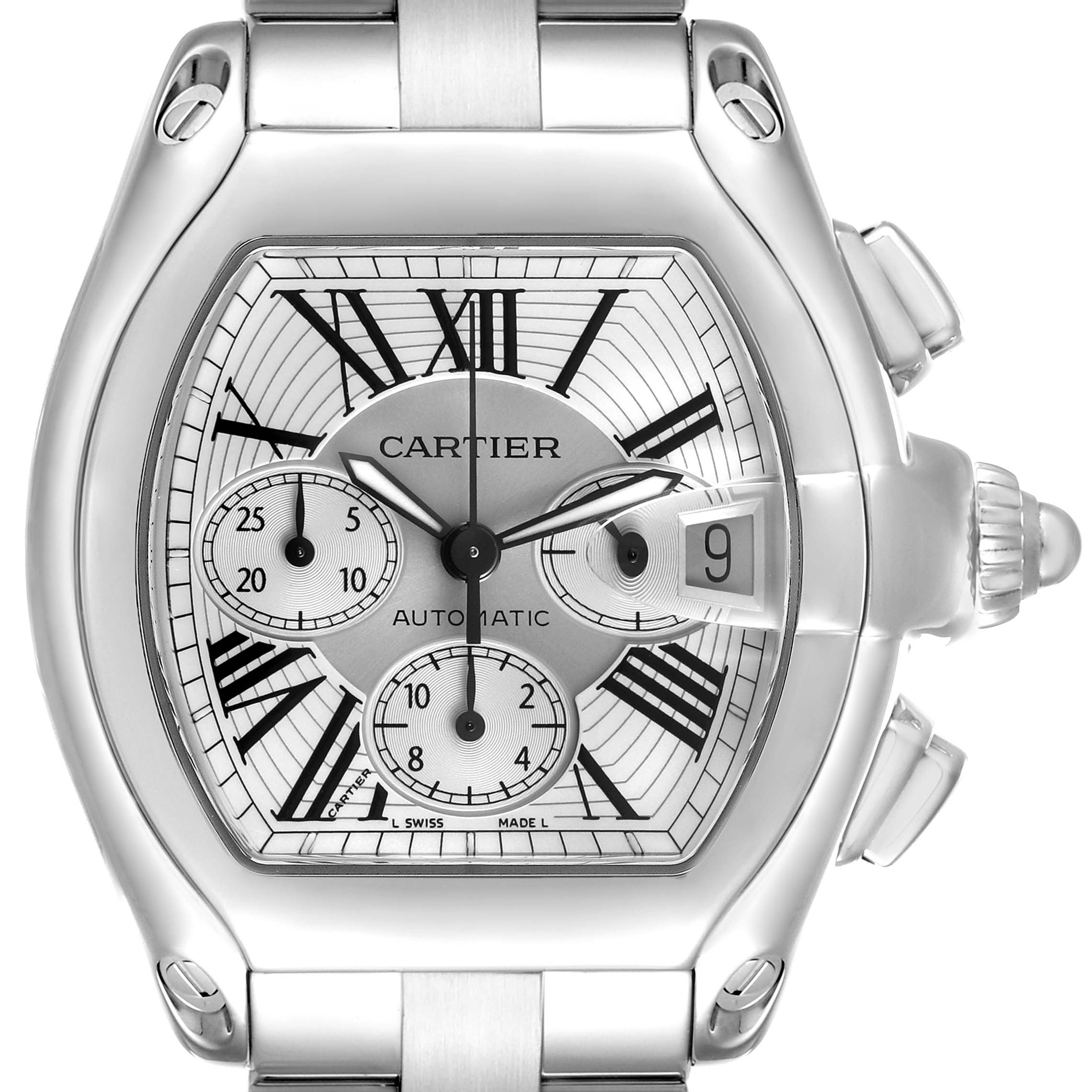 The Cartier Roadster W62019X6 Men's Stainless Steel Silver Dial watch is shown from a front angle, highlighting the dial, Roman numerals, chronograph subdials, and date window.