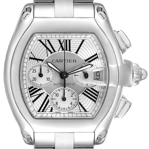The Cartier Roadster W62019X6 Men's Stainless Steel Silver Dial watch is shown from a front angle, highlighting the dial, subdials, date window, and crown.