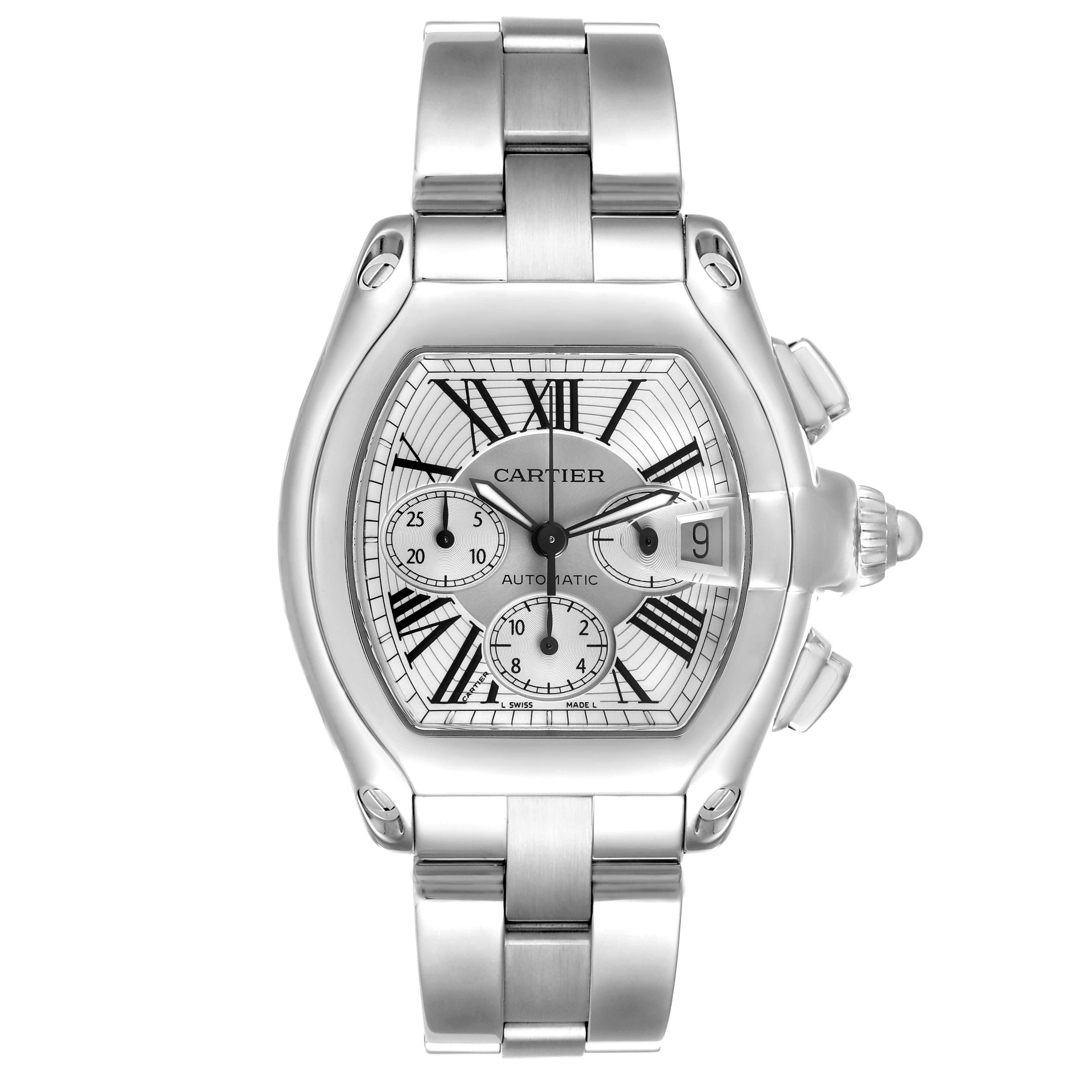 The Cartier Roadster W62019X6 Men's Stainless Steel Silver Dial watch is shown from a front view, highlighting the dial, bracelet, and crown.