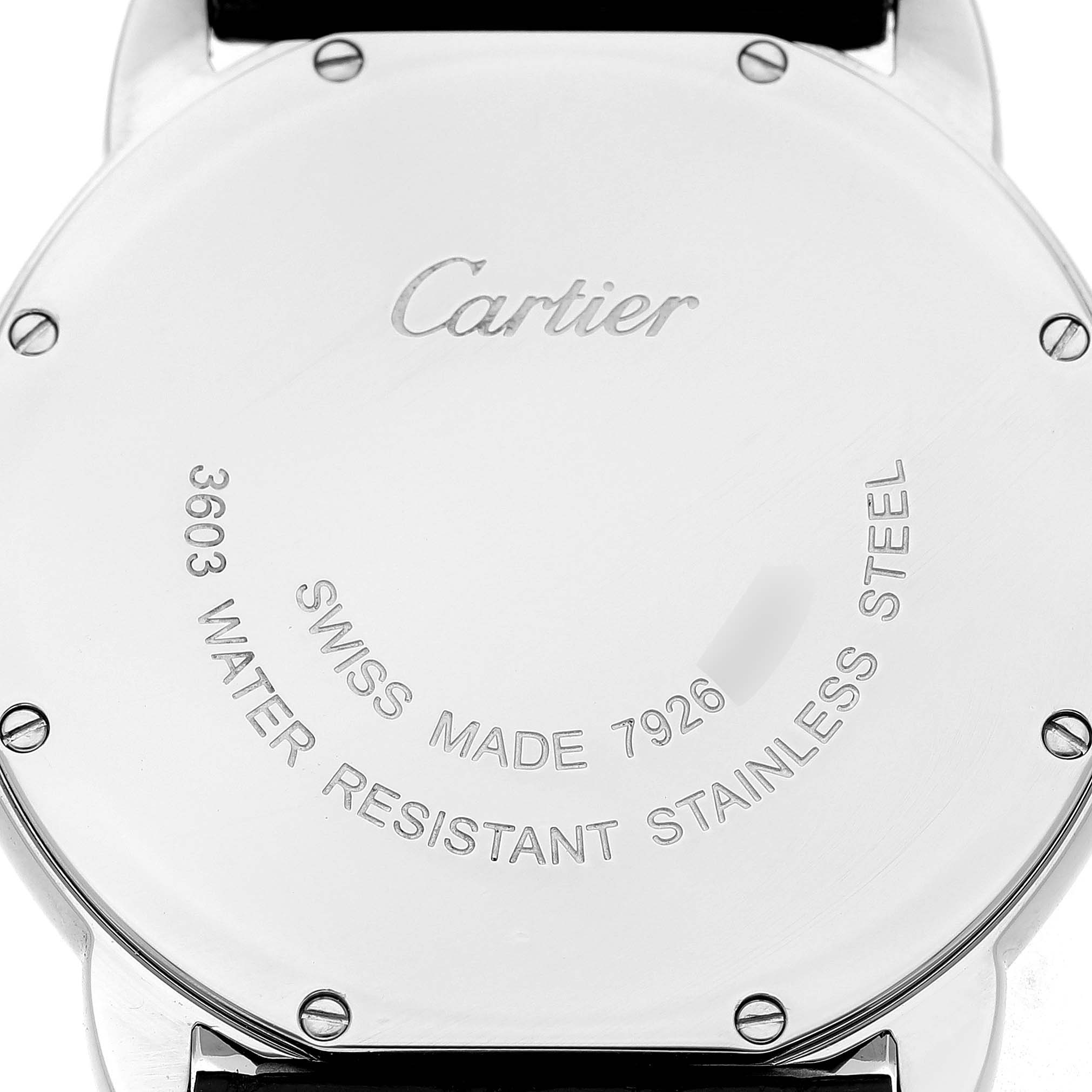 The image shows the case back of a Cartier Ronde W6700255 Men's Stainless Steel Silver Dial model, highlighting its engraved details and screws.