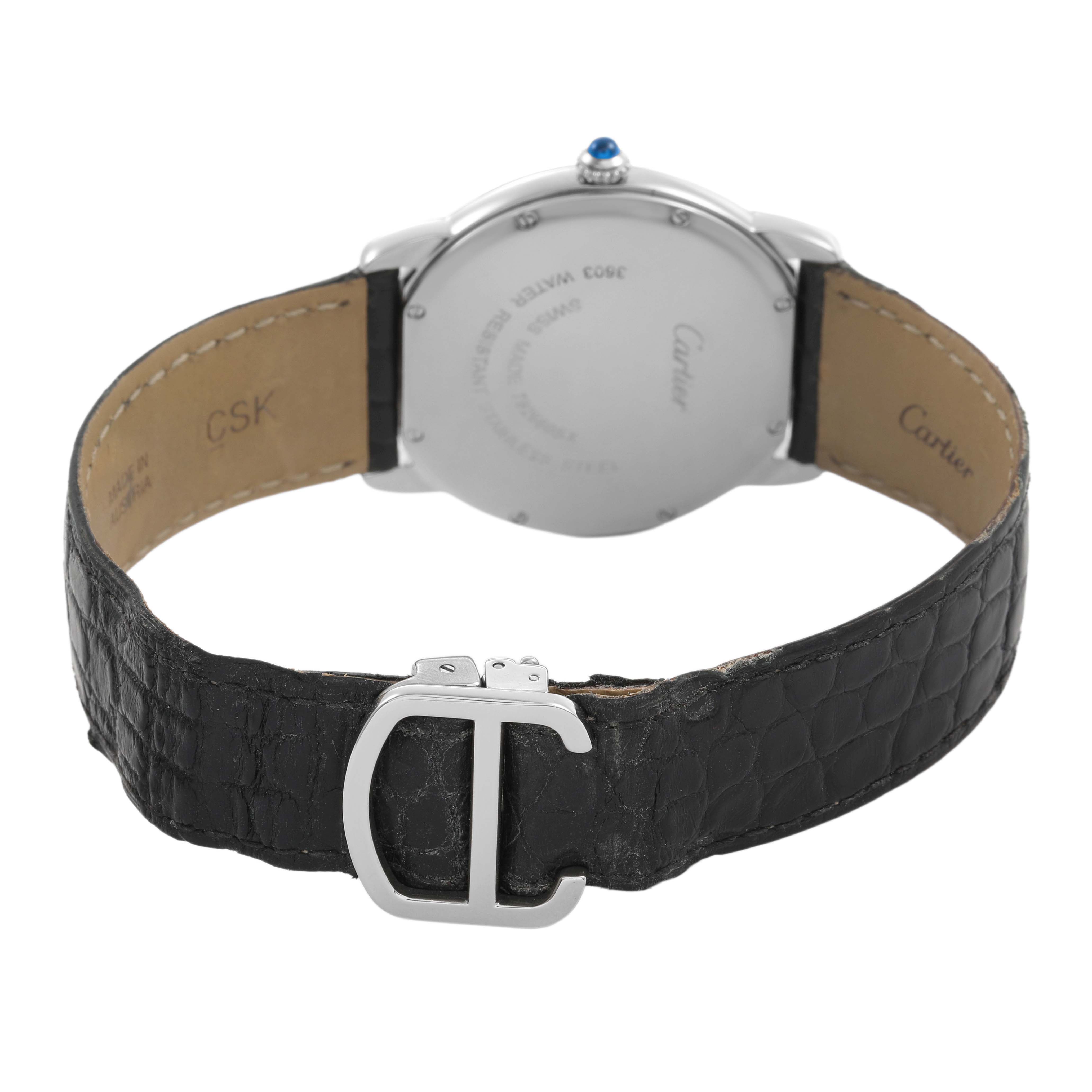 The image shows the back view of a Cartier Ronde W6700255 Men's Stainless Steel Silver Dial model watch, highlighting the case back, strap, and buckle.