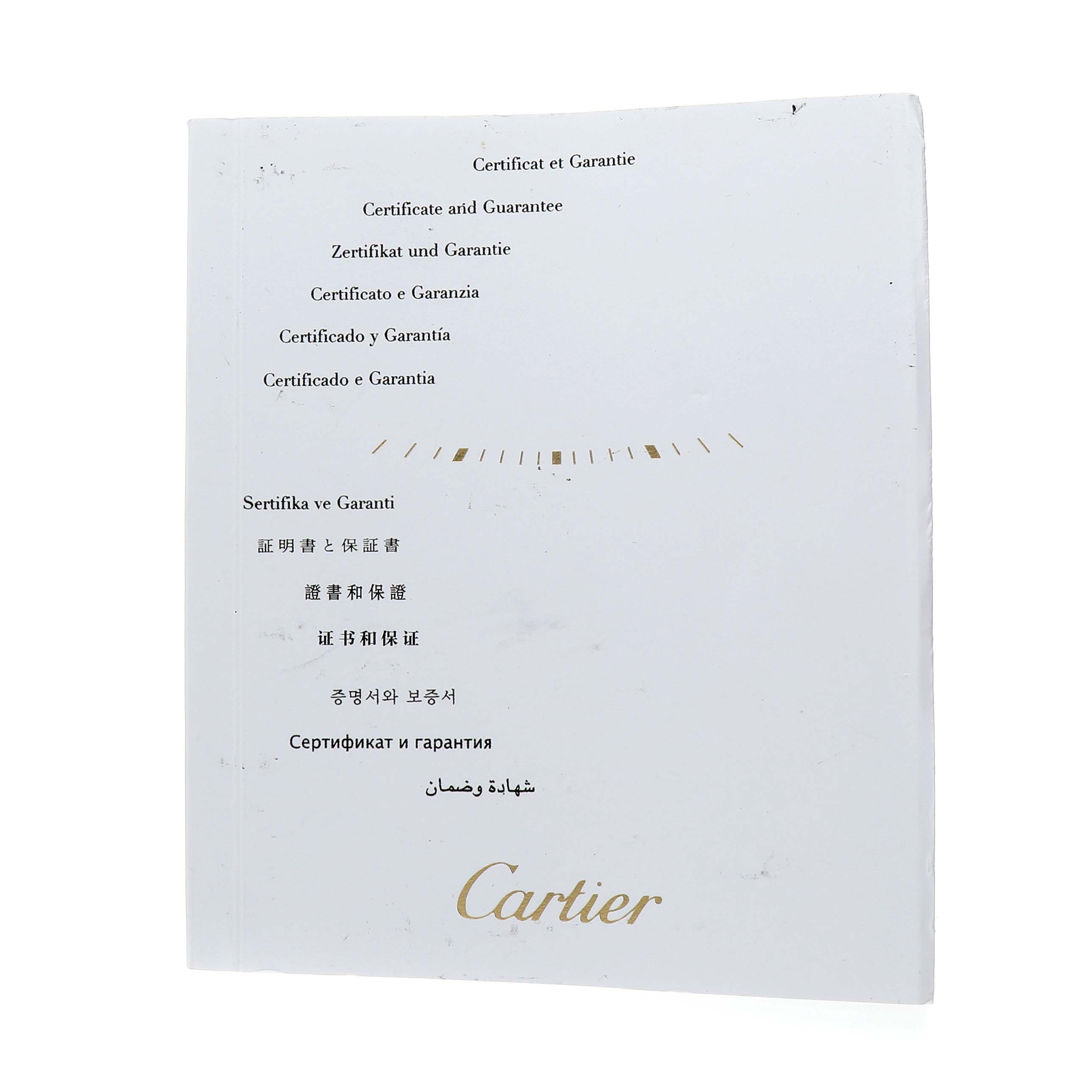 The image shows a Cartier Ronde W6700255 Men's Stainless Steel Silver Dial model warranty booklet from the front angle.