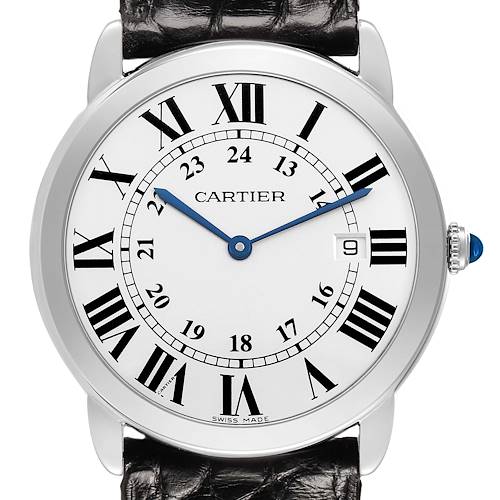 The Cartier Ronde W6700255 Men's Stainless Steel Silver Dial watch is shown from the front, displaying the dial, Roman numerals, hands, and part of the black strap.