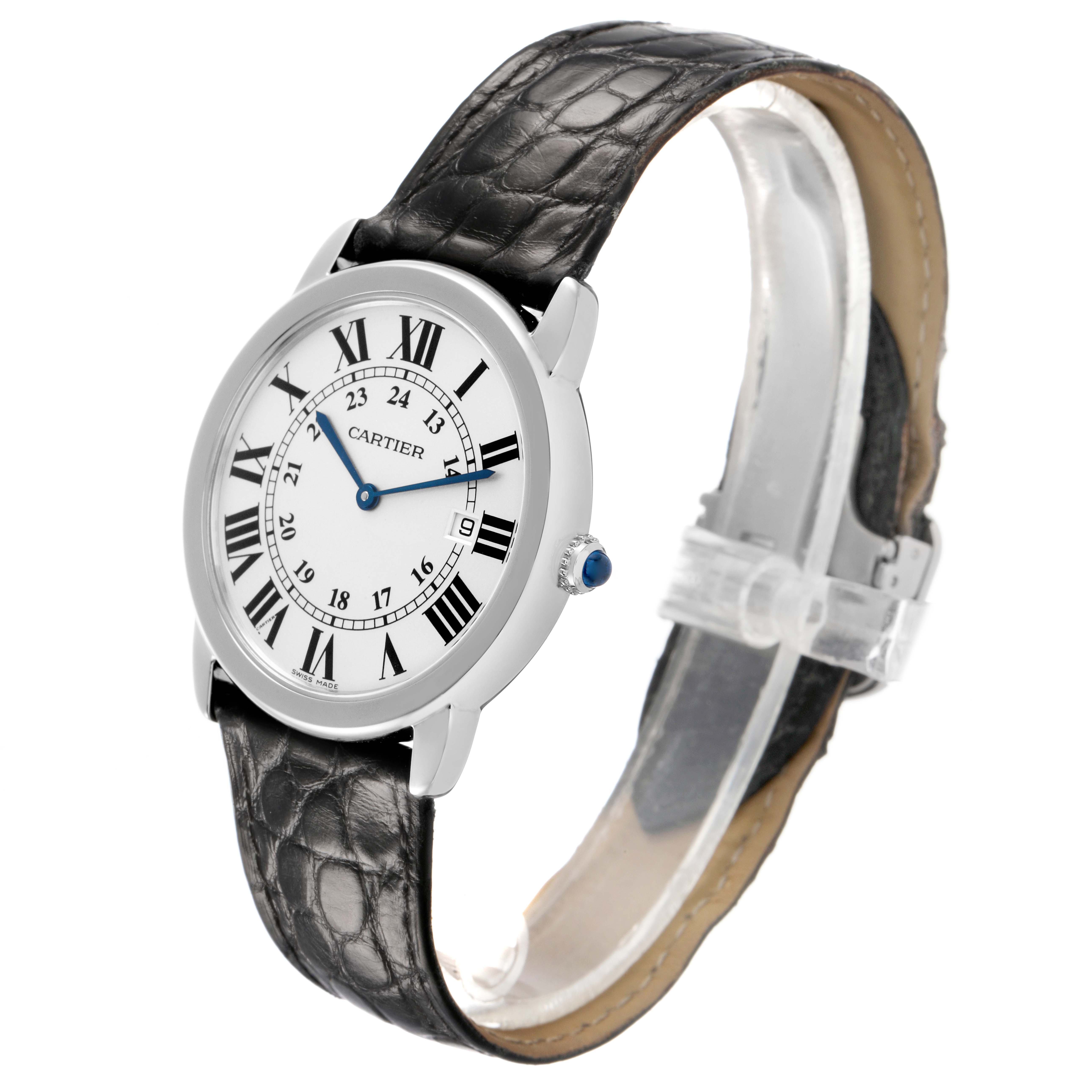 The Cartier Ronde W6700255 Men's Stainless Steel Silver Dial model watch is shown at a slight angle, highlighting its face, Roman numerals, and black leather strap.