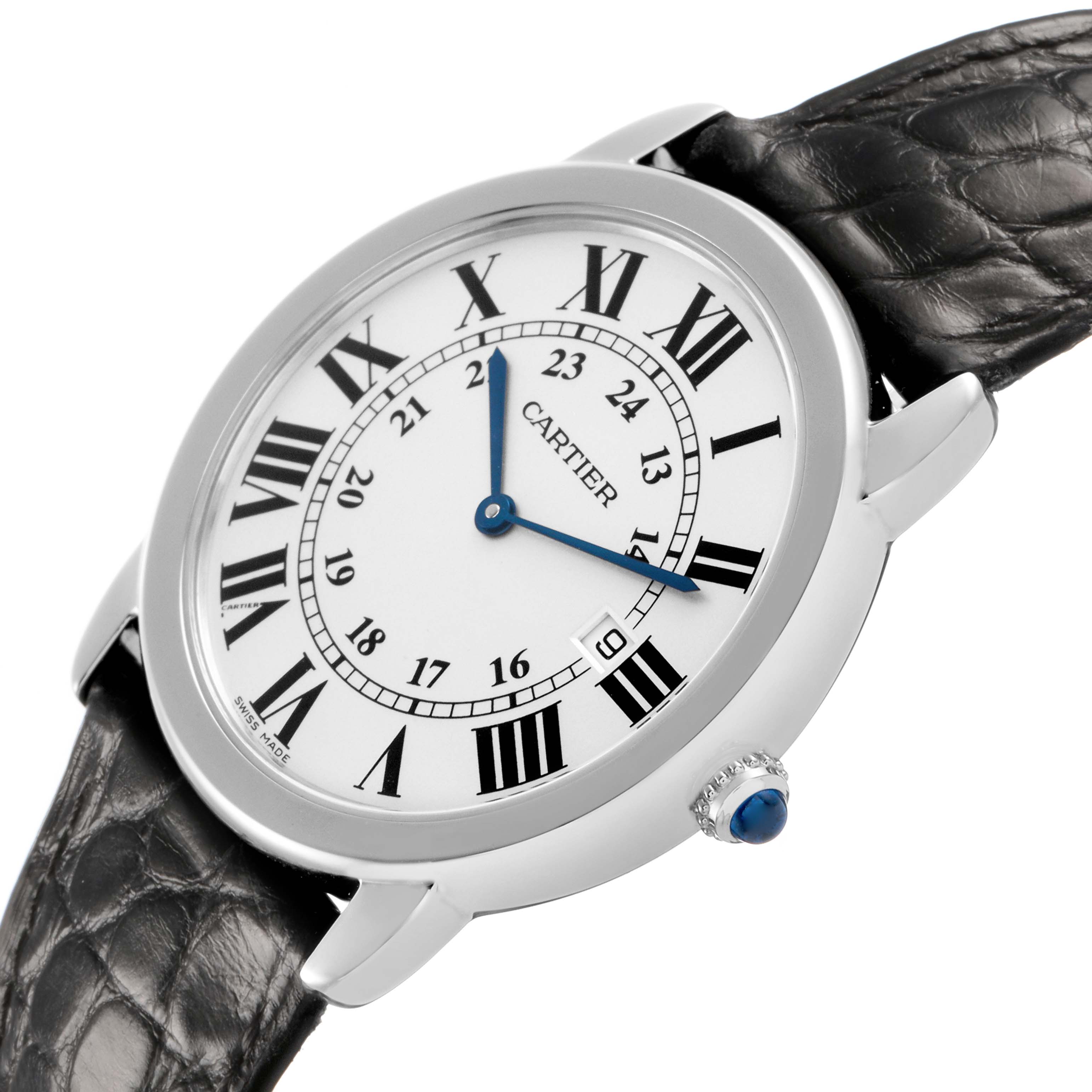 The Cartier Ronde W6700255 Men's Stainless Steel Silver Dial watch is shown from a side angle, displaying the dial, crown, and black leather strap.