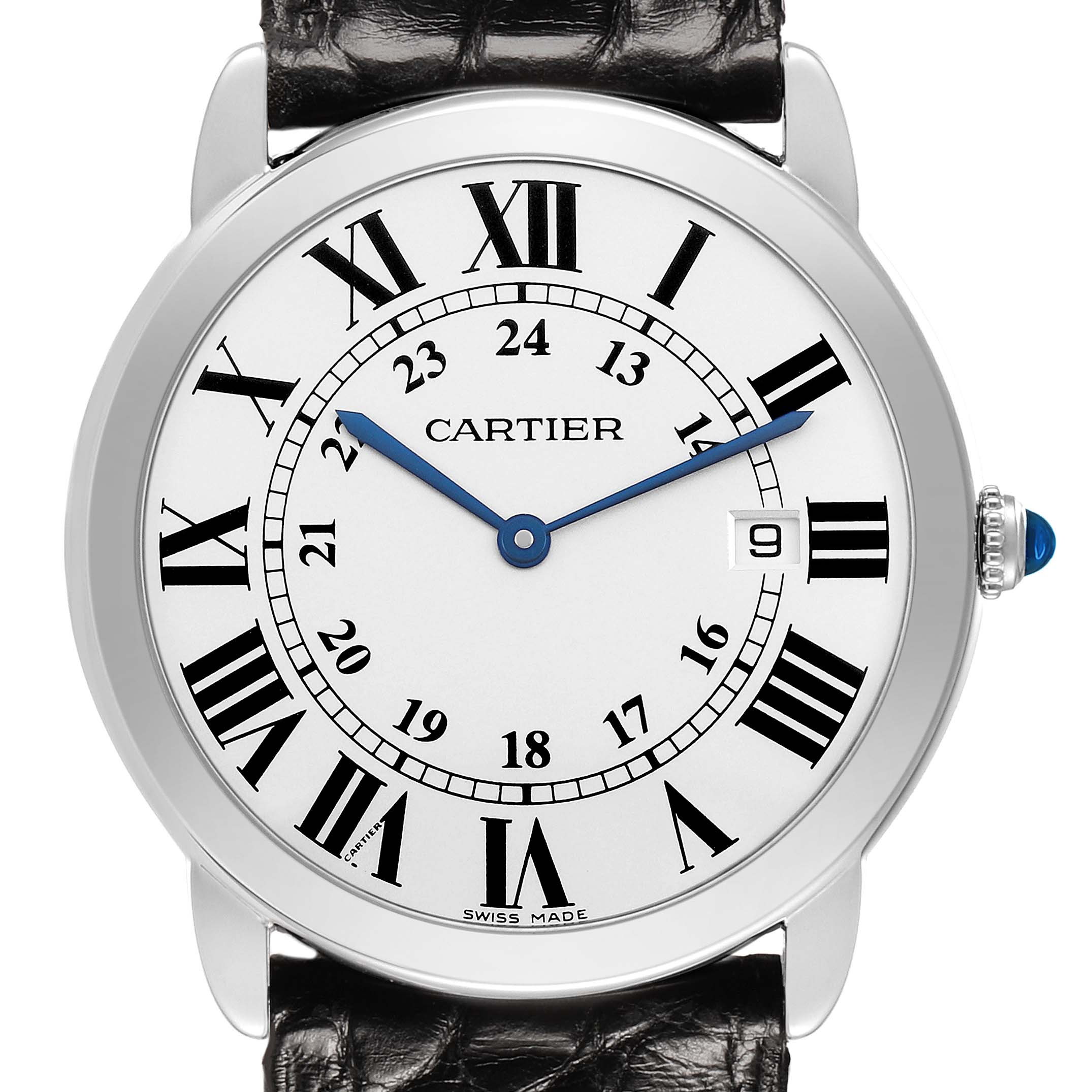 The Cartier Ronde W6700255 Men's Stainless Steel Silver Dial watch is shown from a front angle, displaying the face, Roman numerals, and a leather strap.