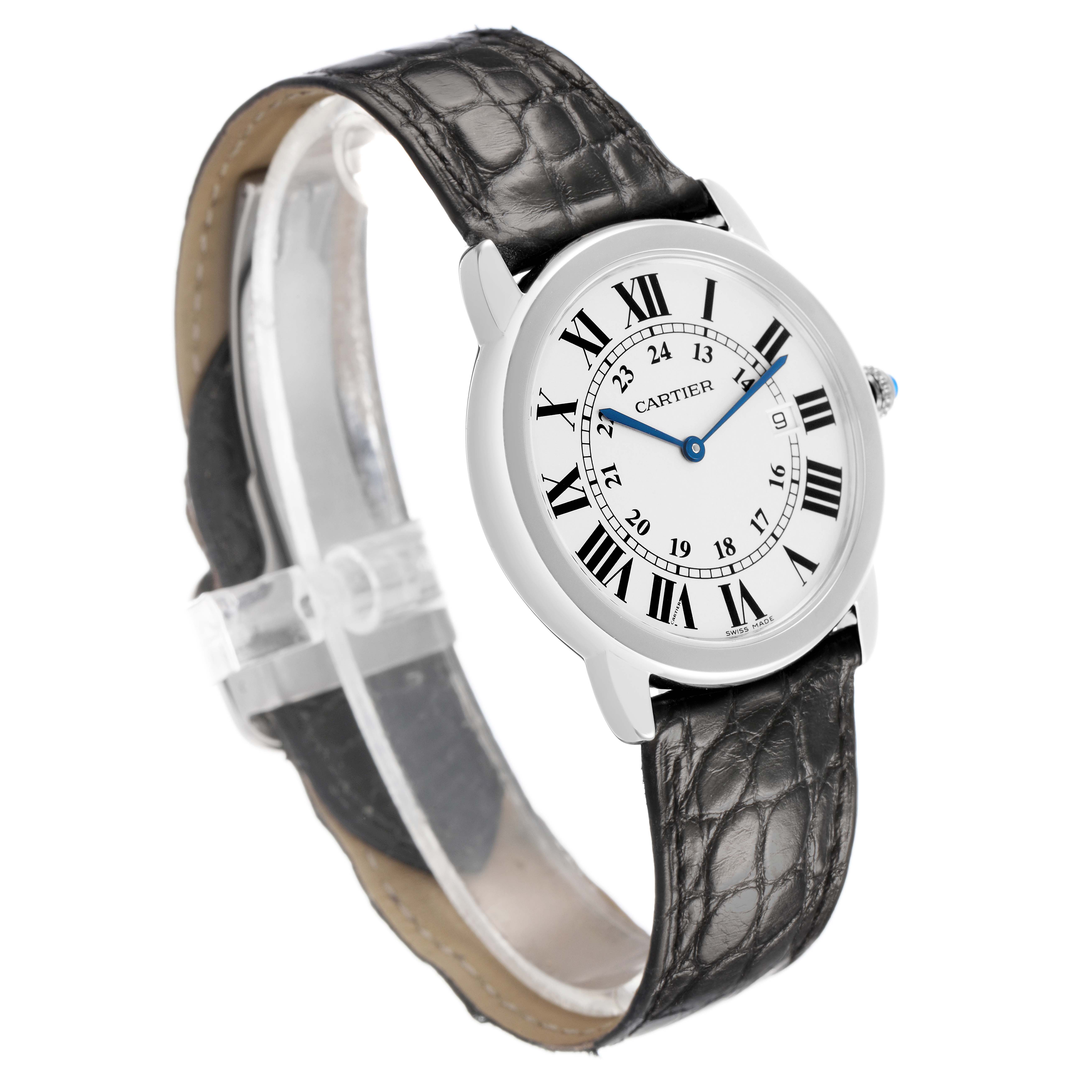 The Ronde model by Cartier is shown at a three-quarter angle, highlighting the watch face, Roman numerals, and leather strap.