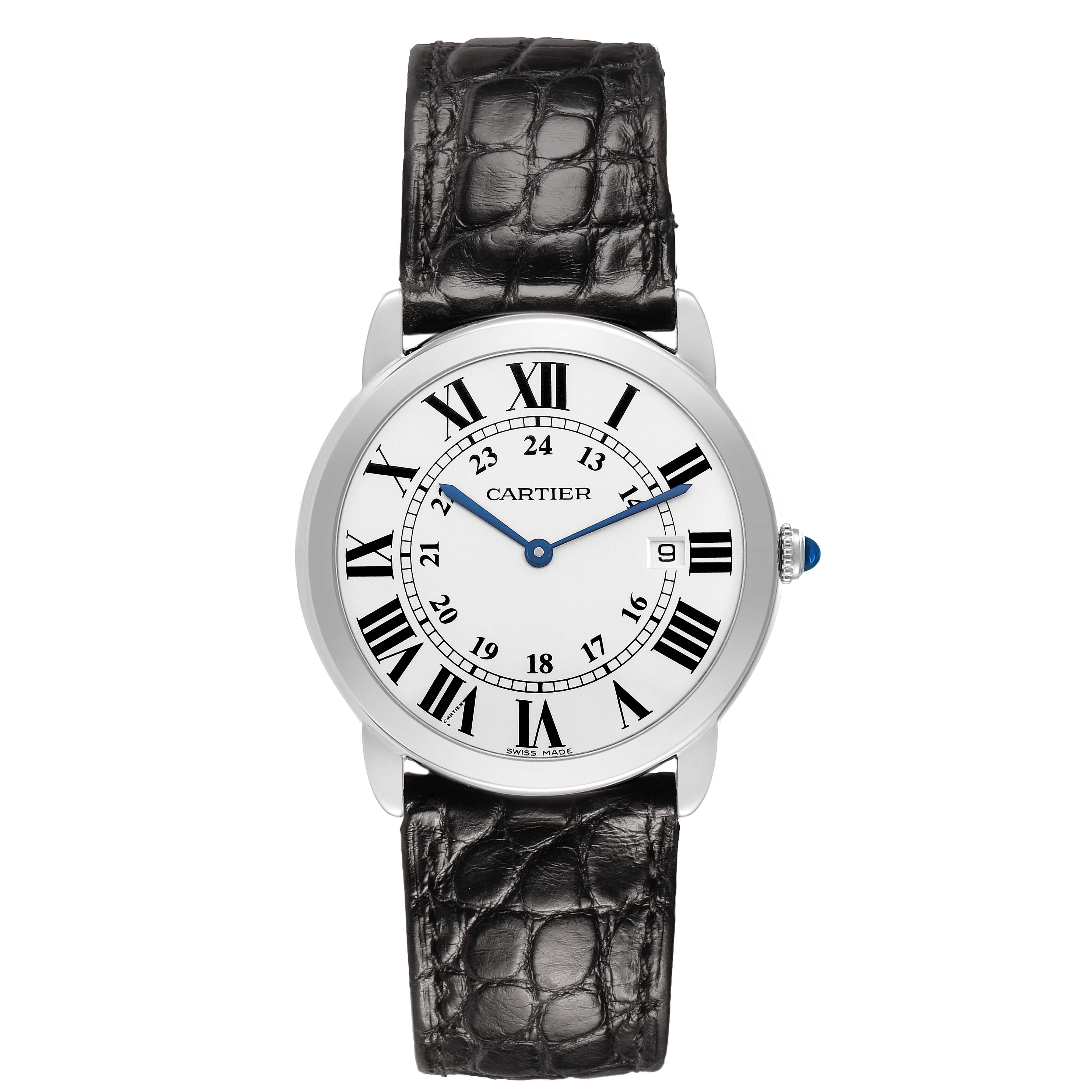 The Cartier Ronde W6700255 Men's Stainless Steel Silver Dial model watch is shown from the front, highlighting its dial, Roman numerals, and leather strap.