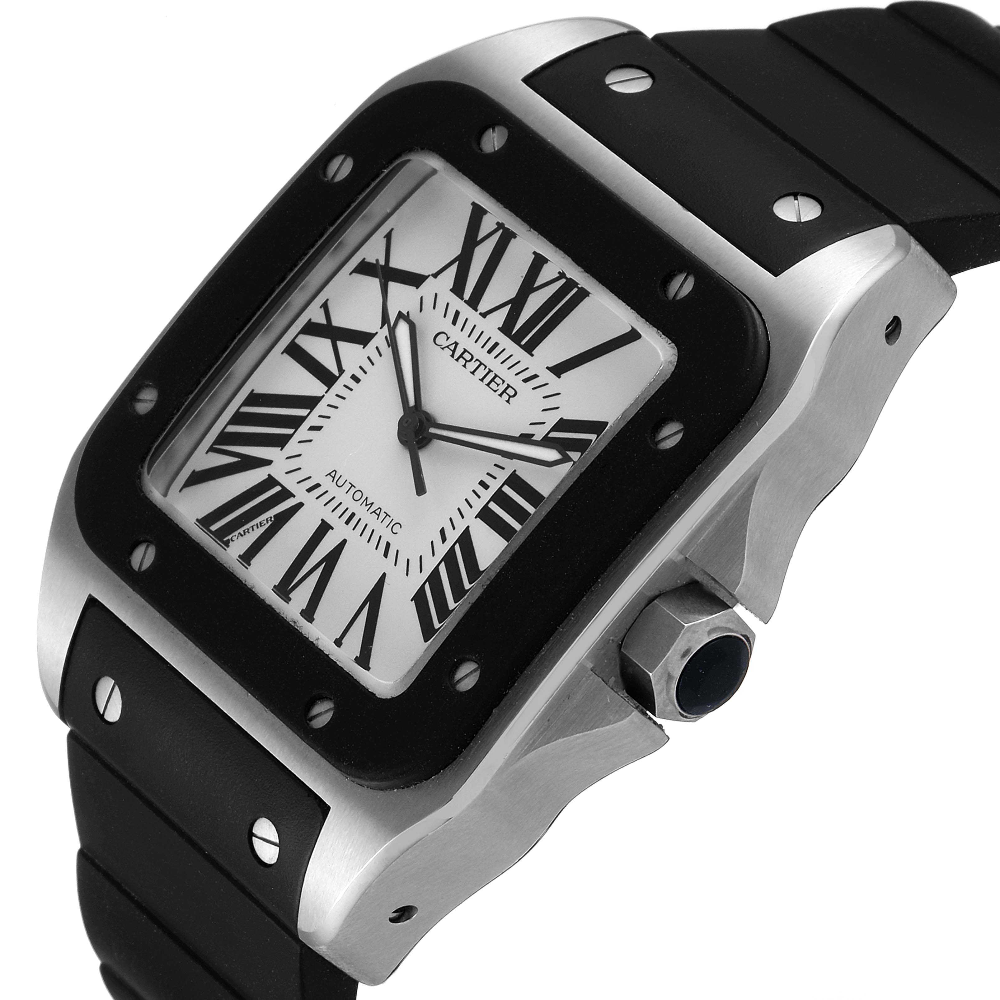 This image shows a close-up of the Cartier Santos W20121U2 Men
s Stainless Steel Silver Dial W20121U2 Men
s Stainless Steel Silver Dial watch, highlighting its face, crown, screws, and rubber strap from an angled perspective.