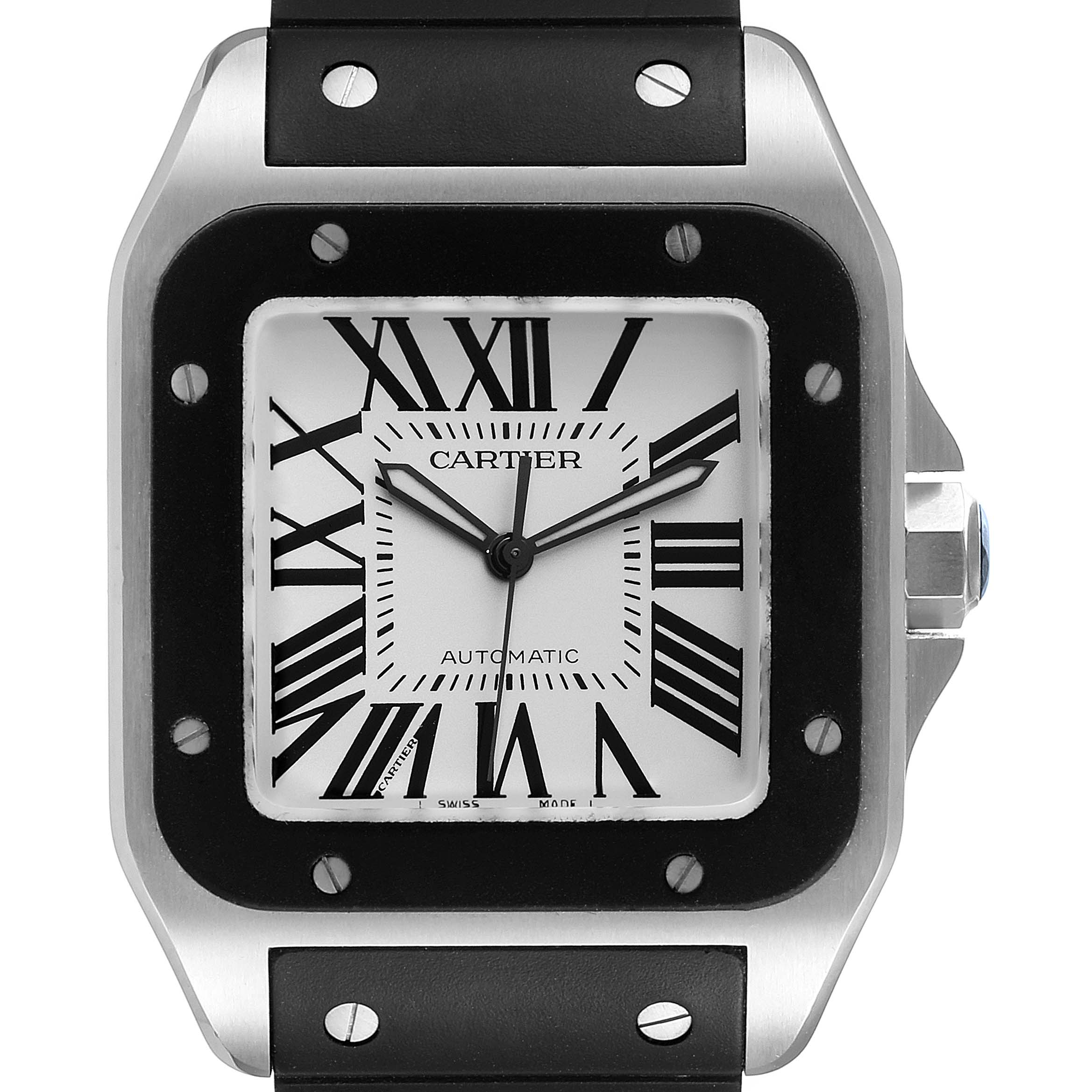This is a frontal view of the Cartier Santos W20121U2 Men
s Stainless Steel Silver Dial W20121U2 Men
s Stainless Steel Silver Dial watch, showing the dial, bezel, and part of the strap.