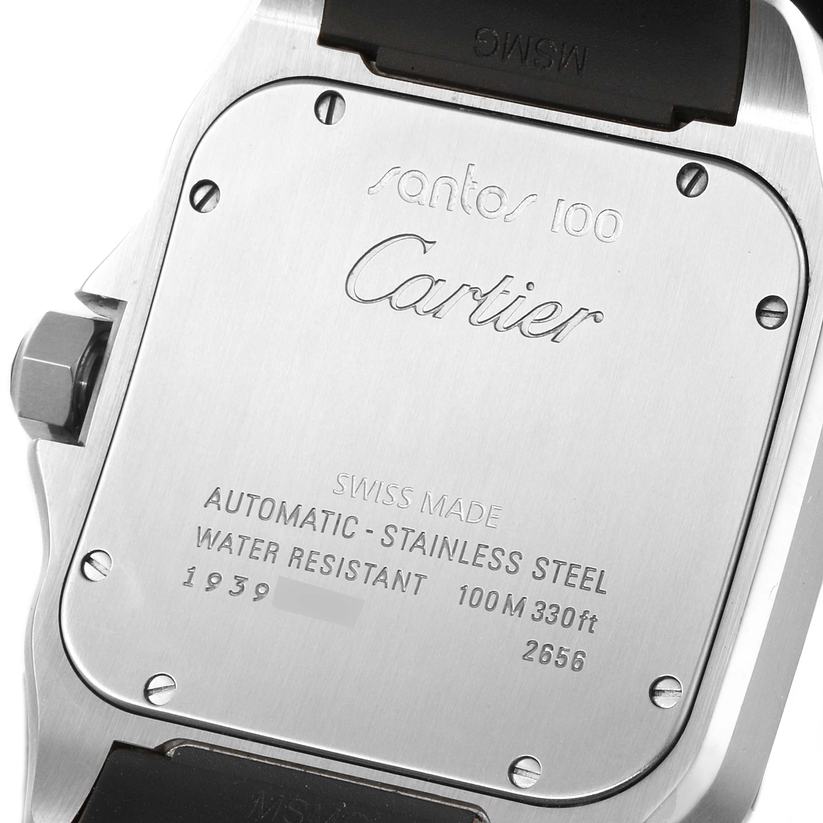 This image shows the back case of a Cartier Santos W20121U2 Men
s Stainless Steel Silver Dial W20121U2 Men
s Stainless Steel Silver Dial 100 watch, highlighting its specifications and water resistance.