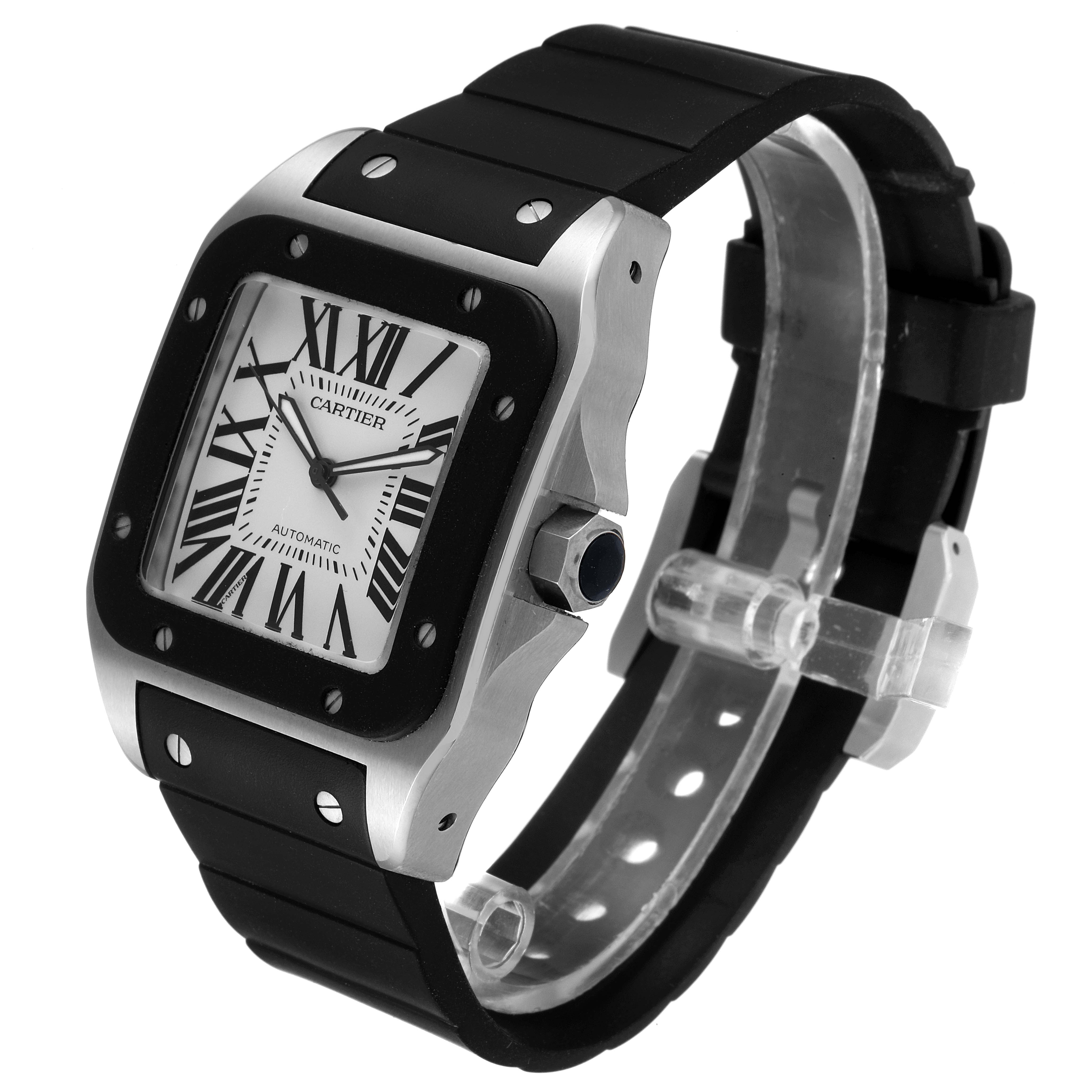 The Cartier Santos W20121U2 Men
s Stainless Steel Silver Dial W20121U2 Men
s Stainless Steel Silver Dial watch is shown at a slight angle, displaying the face, bezel, case, and rubber strap.