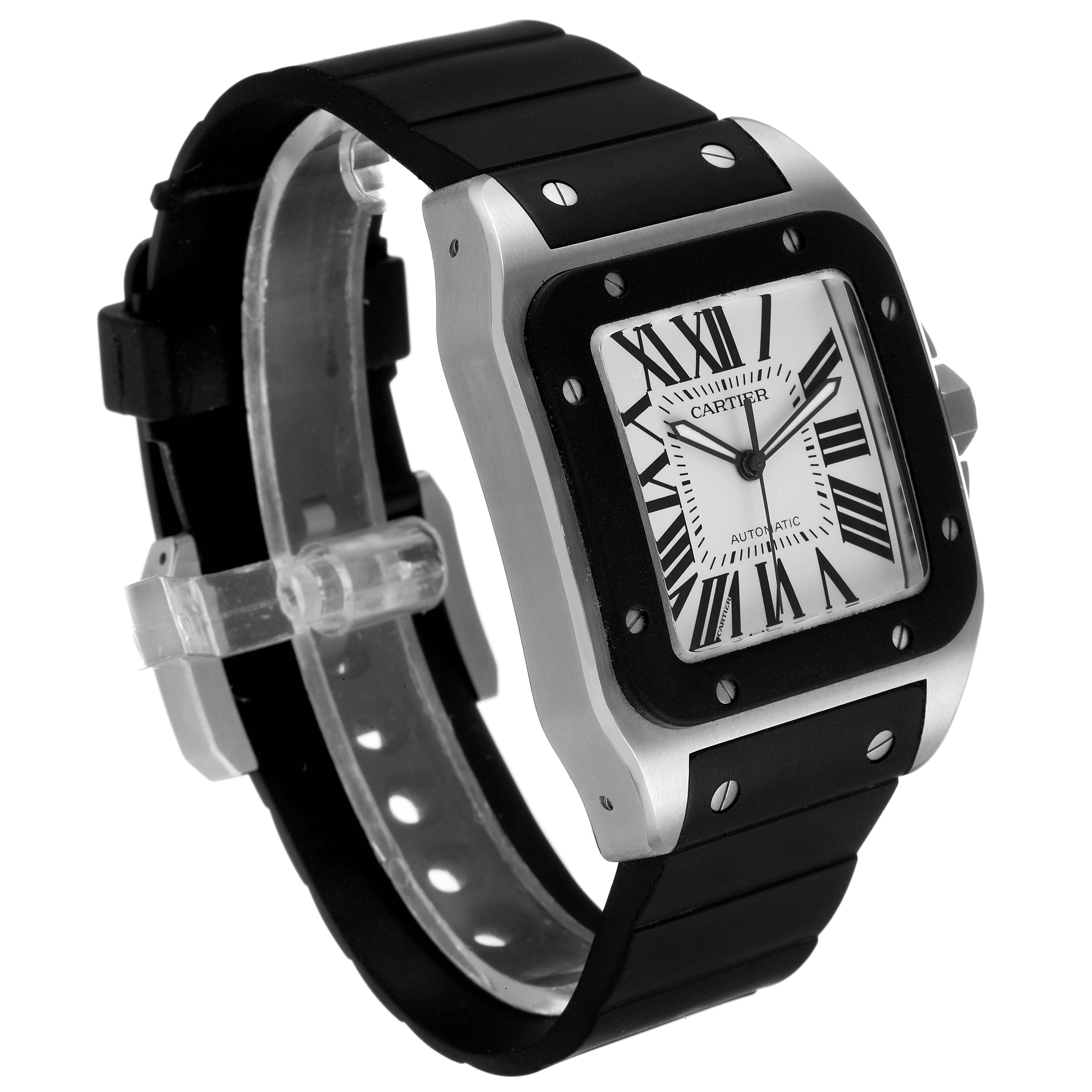 This is a Cartier Santos W20121U2 Men
s Stainless Steel Silver Dial W20121U2 Men
s Stainless Steel Silver Dial watch shown from a three-quarter angle, displaying the face, bezel, case, and band.