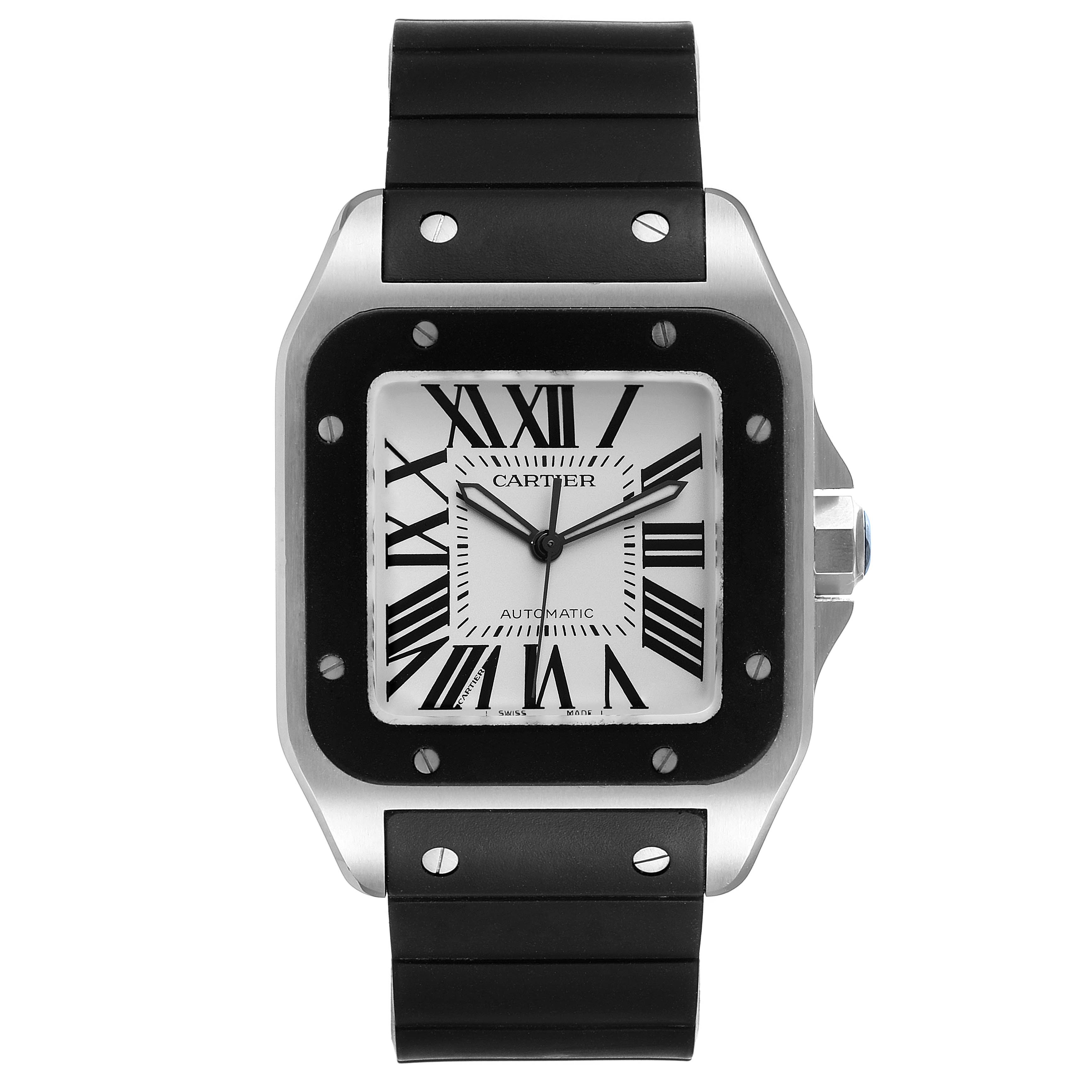 The image shows a front view of a Cartier Santos W20121U2 Men
s Stainless Steel Silver Dial W20121U2 Men
s Stainless Steel Silver Dial watch featuring its dial, bezel, and strap.
