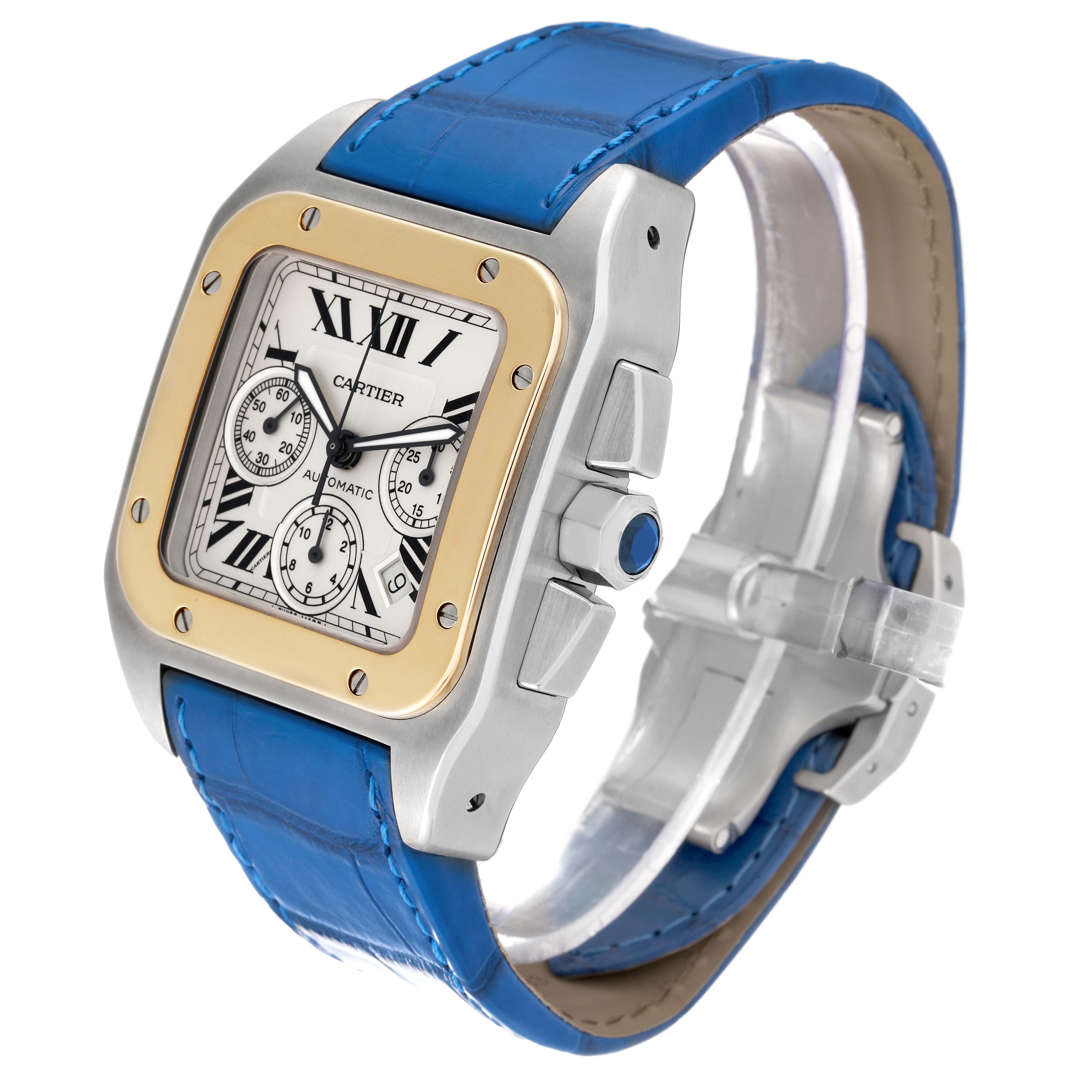 The image shows a Cartier Santos W20091X7 Men
s Stainless Steel Silver Dial W20091X7 Men
s Stainless Steel Silver Dial watch at an angled side view, highlighting its square dial, chronograph buttons, and blue leather strap.