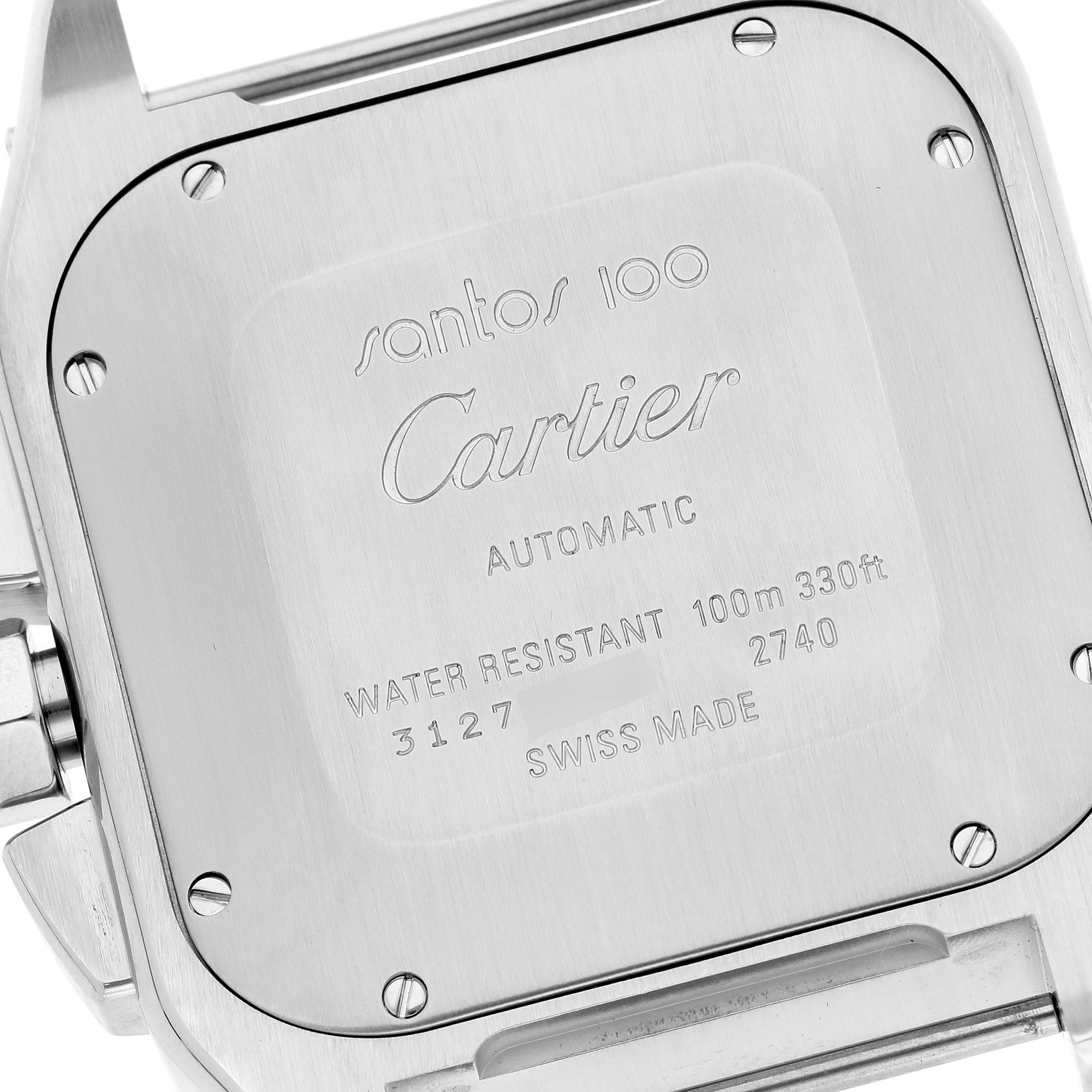 This image shows the back case of a Cartier Santos W20091X7 Men
s Stainless Steel Silver Dial W20091X7 Men
s Stainless Steel Silver Dial 100 watch.