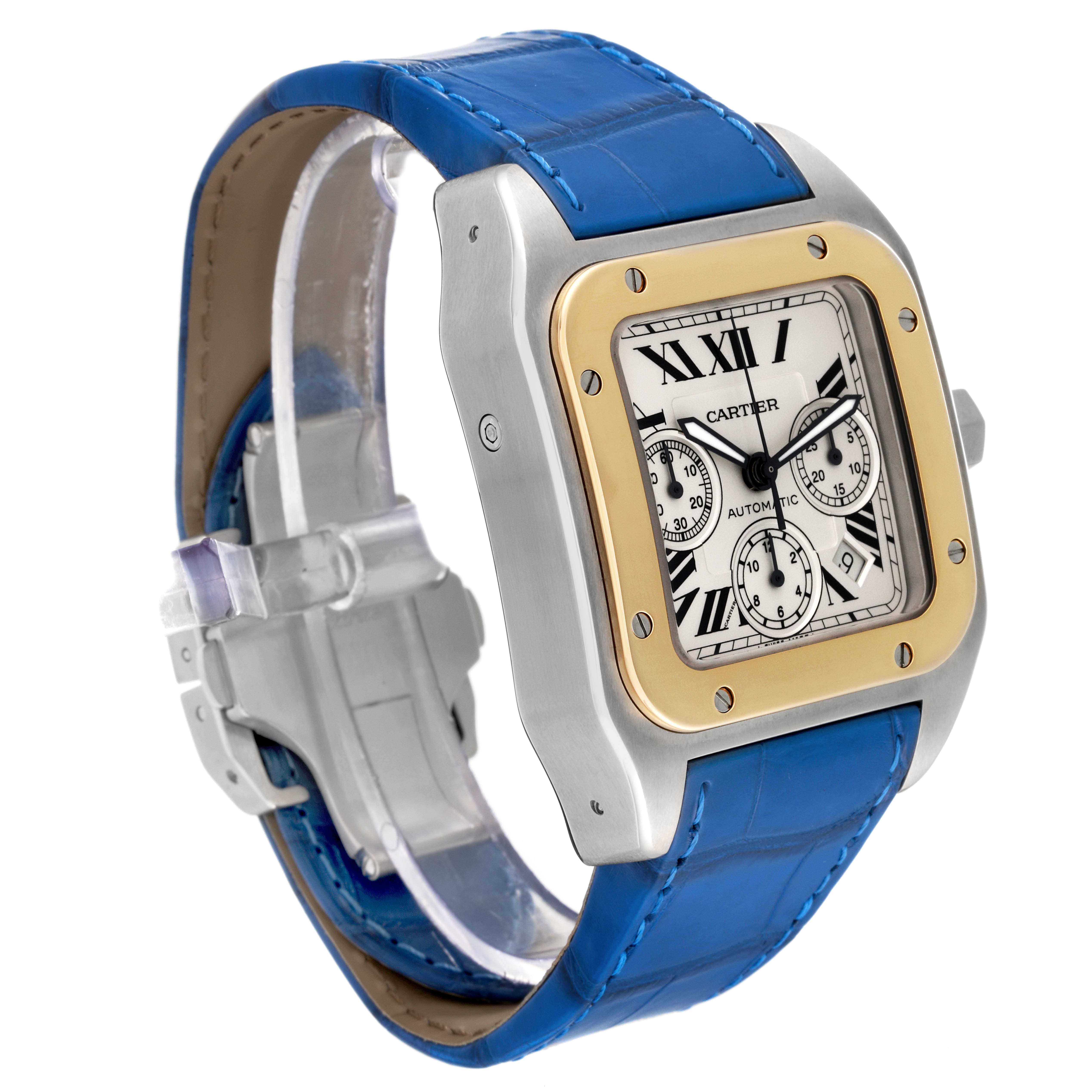 The image shows a Cartier Santos W20091X7 Men
s Stainless Steel Silver Dial W20091X7 Men
s Stainless Steel Silver Dial watch at an angle, highlighting the face, bezel, case, and blue leather strap.