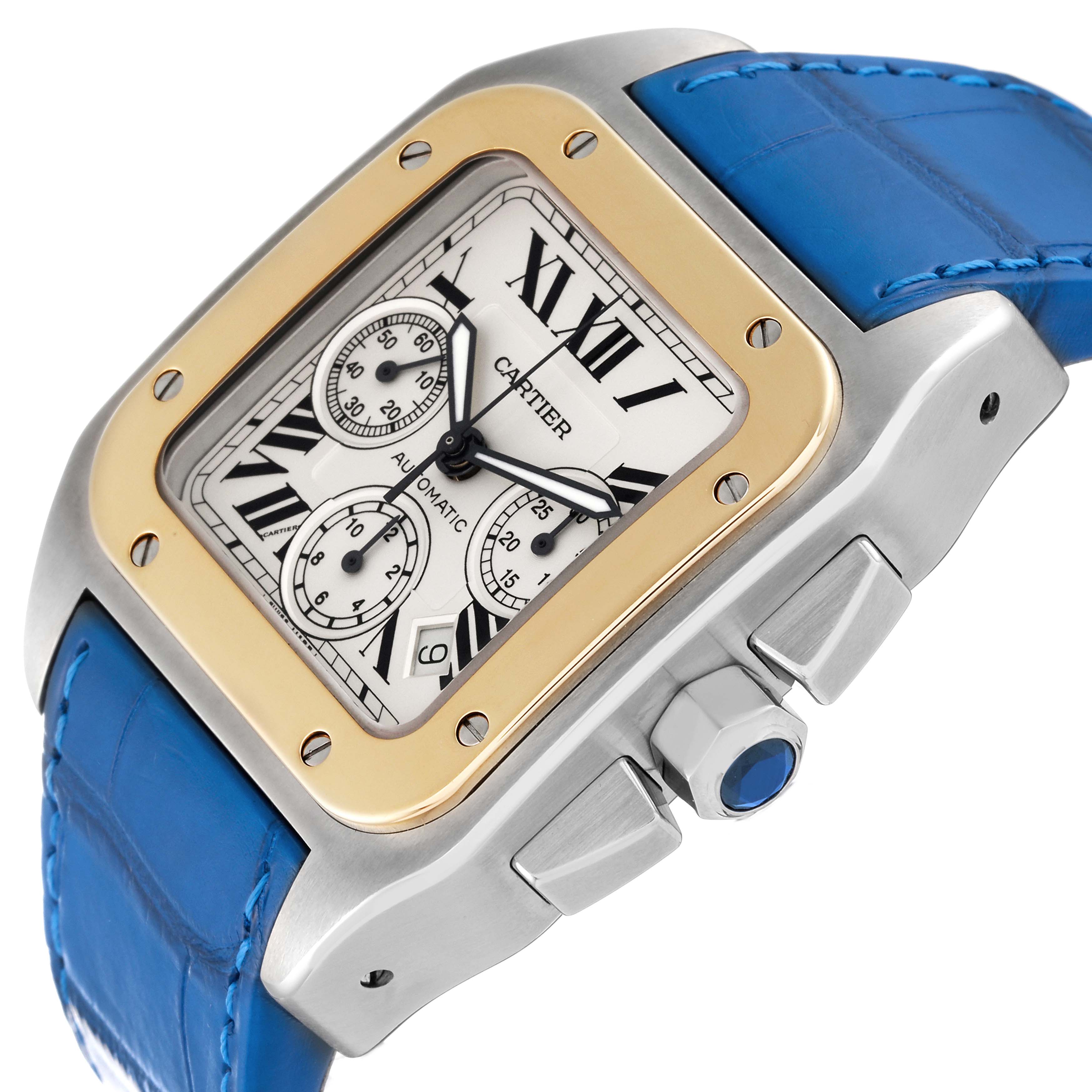 The Cartier Santos W20091X7 Men
s Stainless Steel Silver Dial W20091X7 Men
s Stainless Steel Silver Dial watch is shown at an angled view highlighting its face, bezel, crown, and blue leather strap.