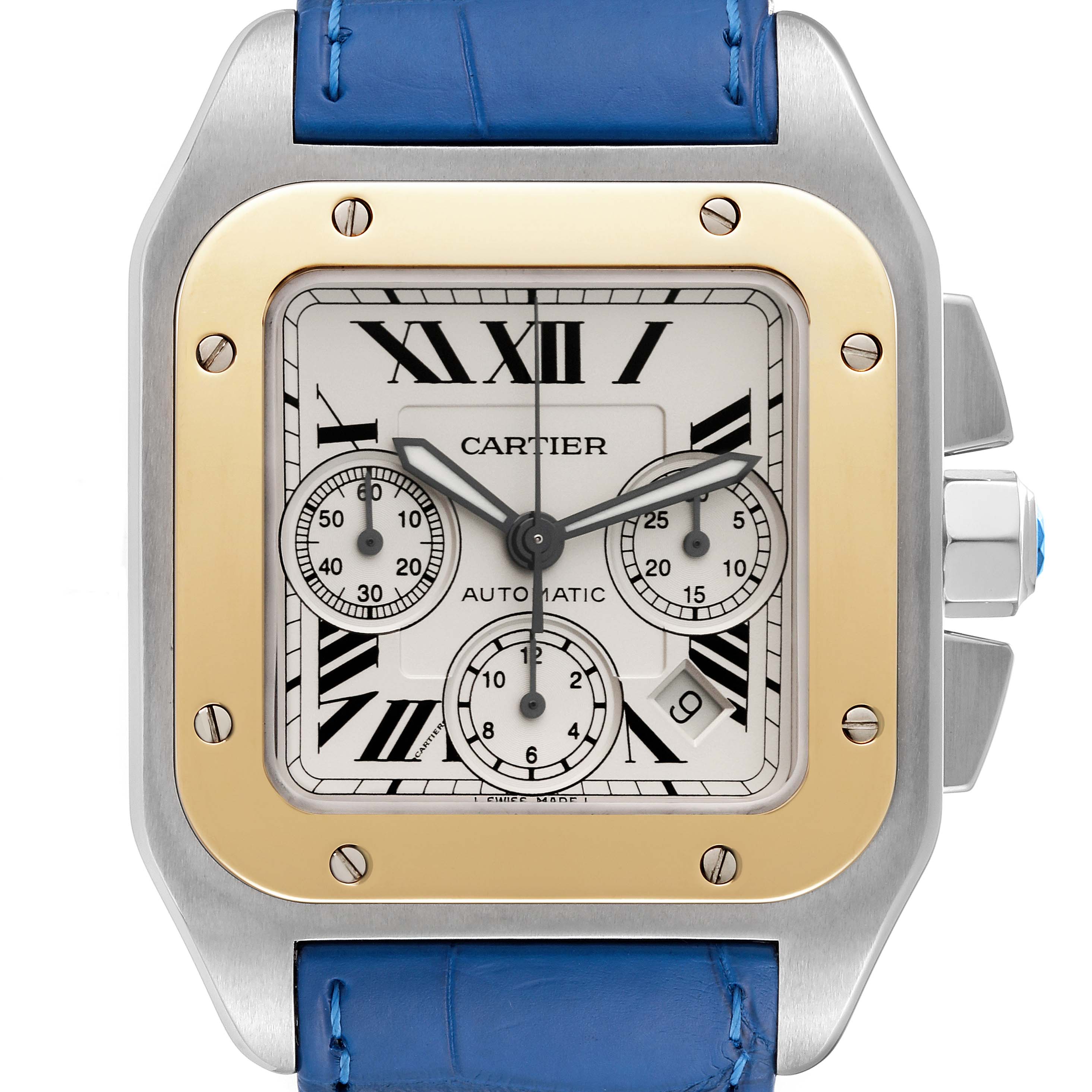 This is a close-up view of the Cartier Santos W20091X7 Men
s Stainless Steel Silver Dial W20091X7 Men
s Stainless Steel Silver Dial watch, showing the face, crown, and part of the blue strap.