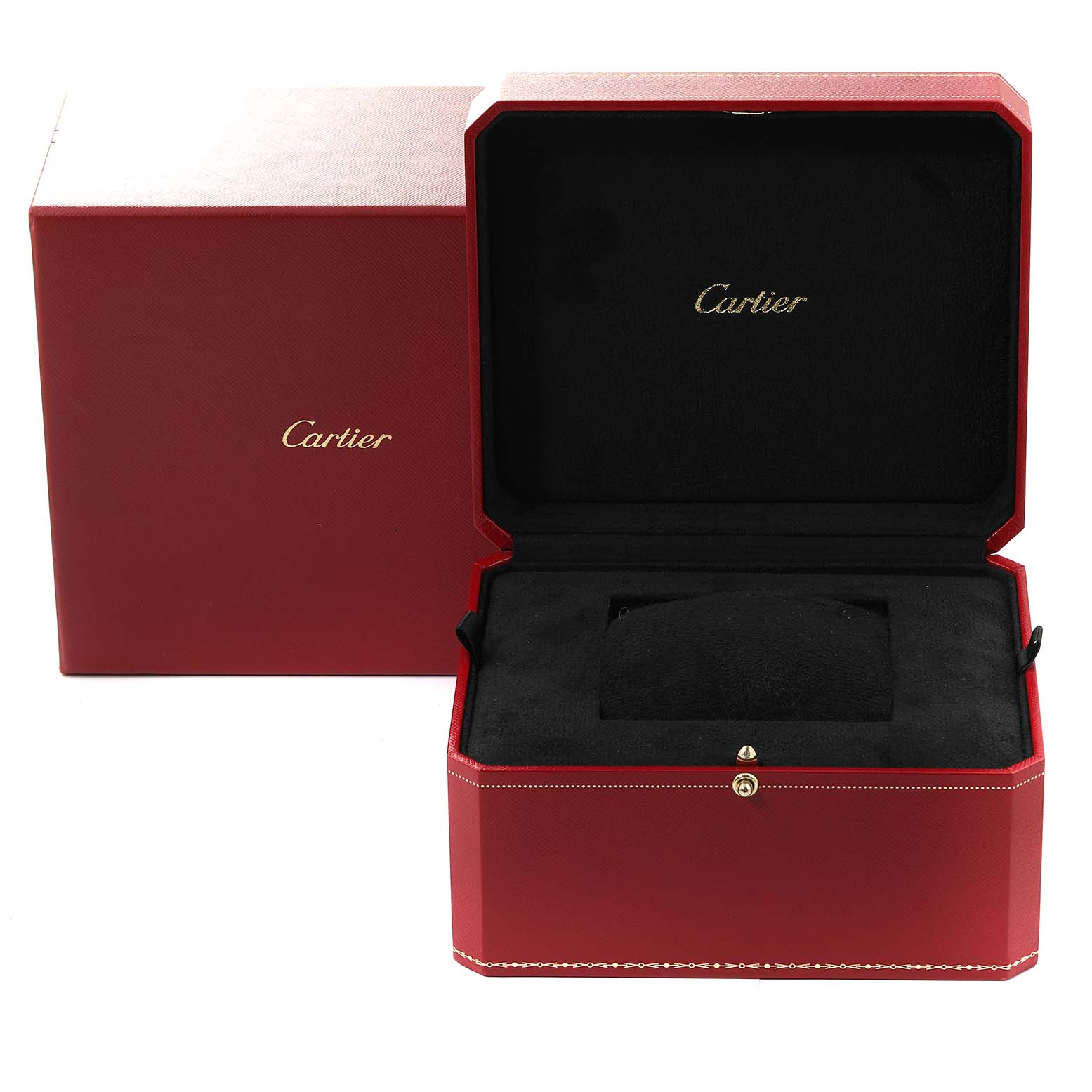 This image features the opened packaging box of the Santos Demoiselle watch by Cartier, displaying the interior.