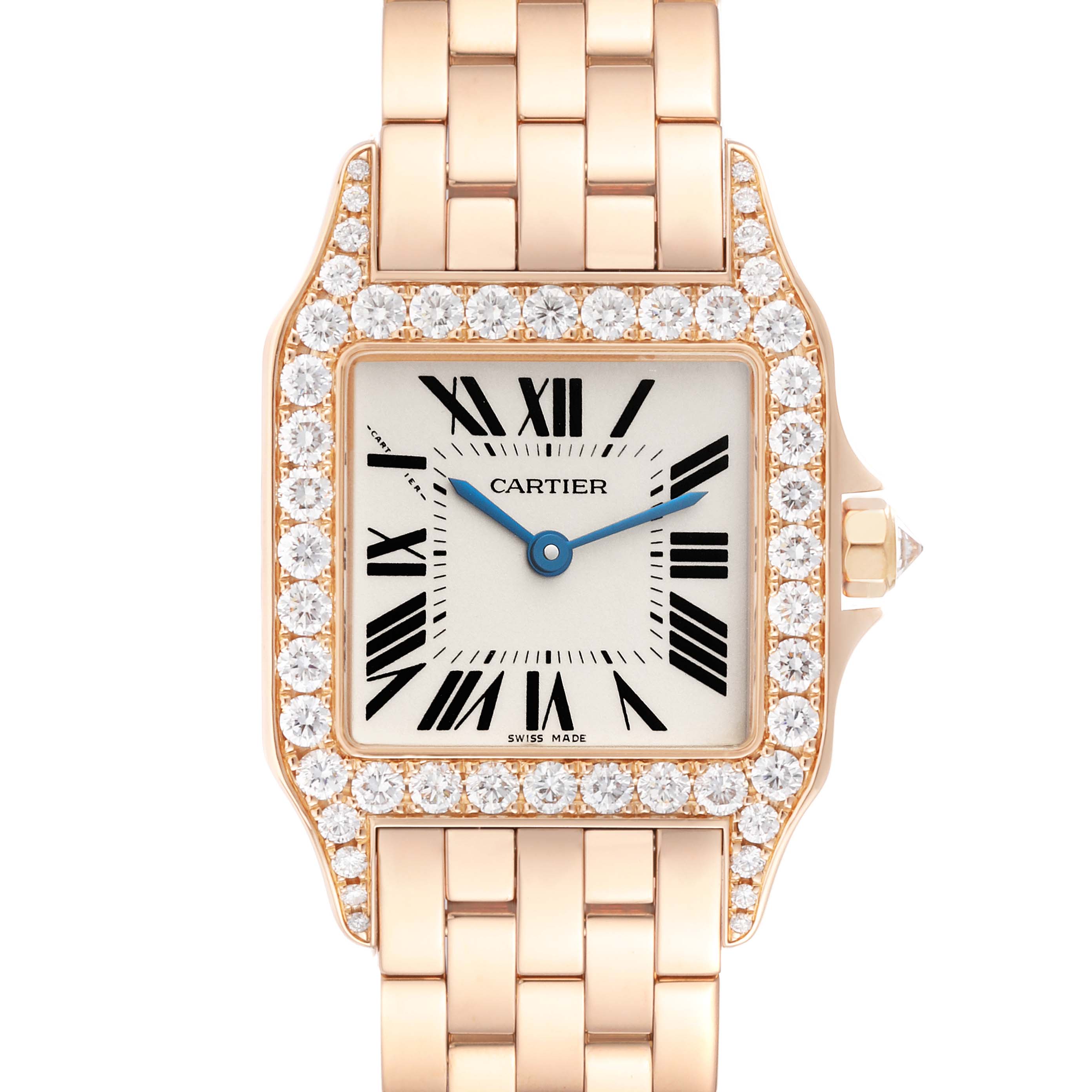 The Cartier Santos Demoiselle WF9007Z8 Women
s Rose Gold Silver Dial WF9007Z8 Women
s Rose Gold Silver Dial watch is shown from above, displaying the face, bezel, and part of the bracelet. 