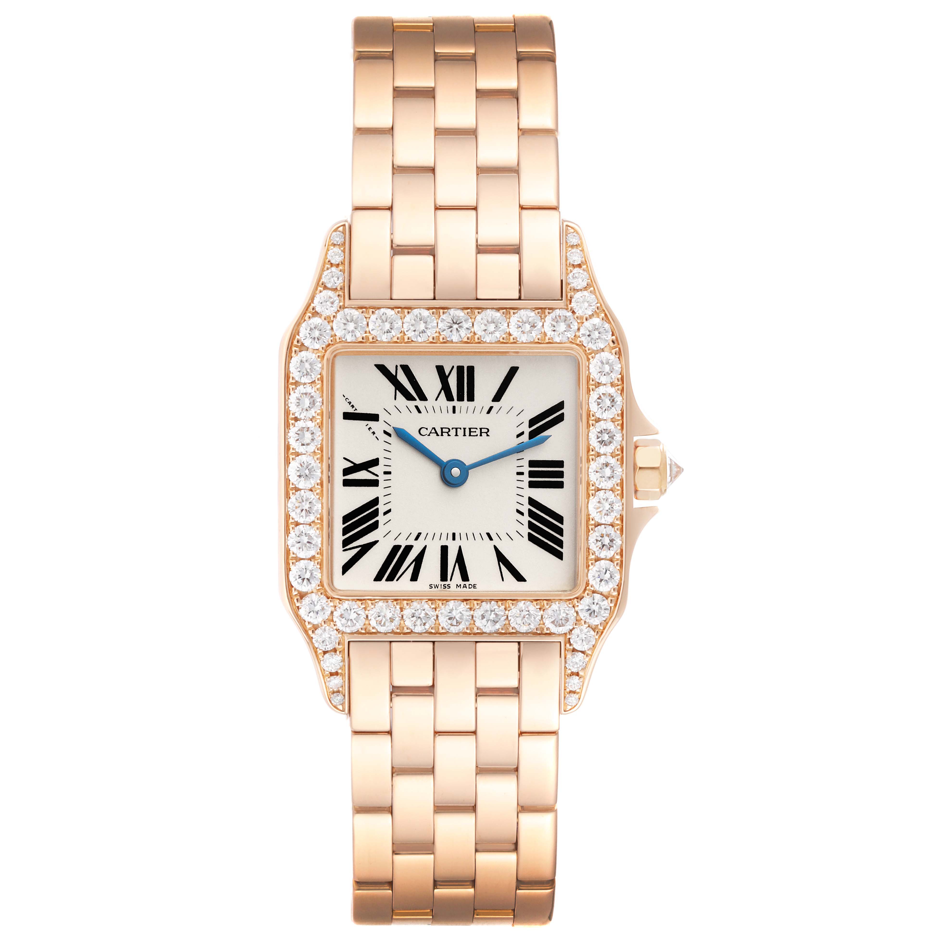 The image shows a frontal view of the Cartier Santos Demoiselle WF9007Z8 Women
s Rose Gold Silver Dial WF9007Z8 Women
s Rose Gold Silver Dial watch, highlighting its square face, diamond bezel, and gold metal strap.