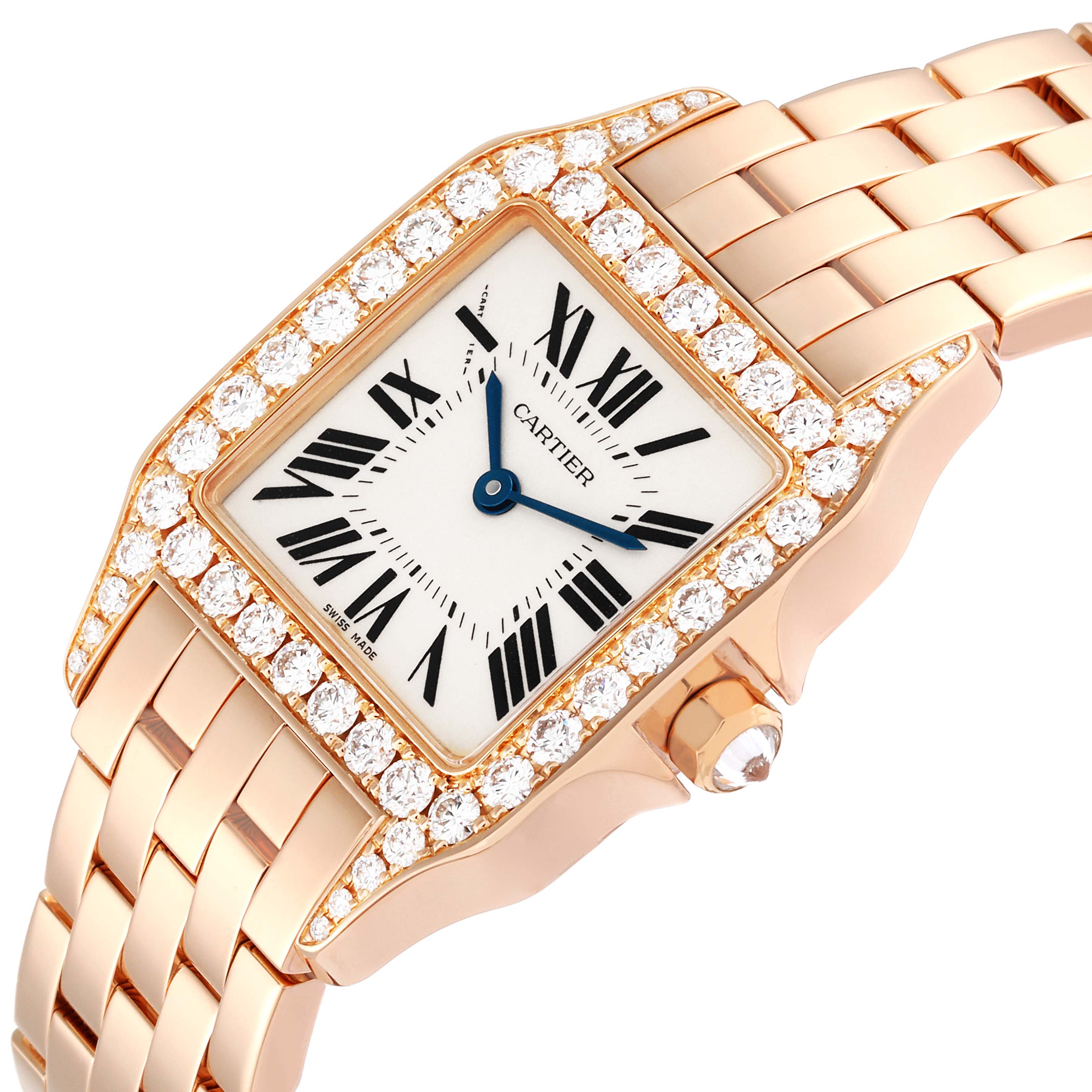 The image shows a close-up of the Cartier Santos Demoiselle WF9007Z8 Women
s Rose Gold Silver Dial WF9007Z8 Women
s Rose Gold Silver Dial watch, highlighting its face, bezel with diamonds, and part of the bracelet.
