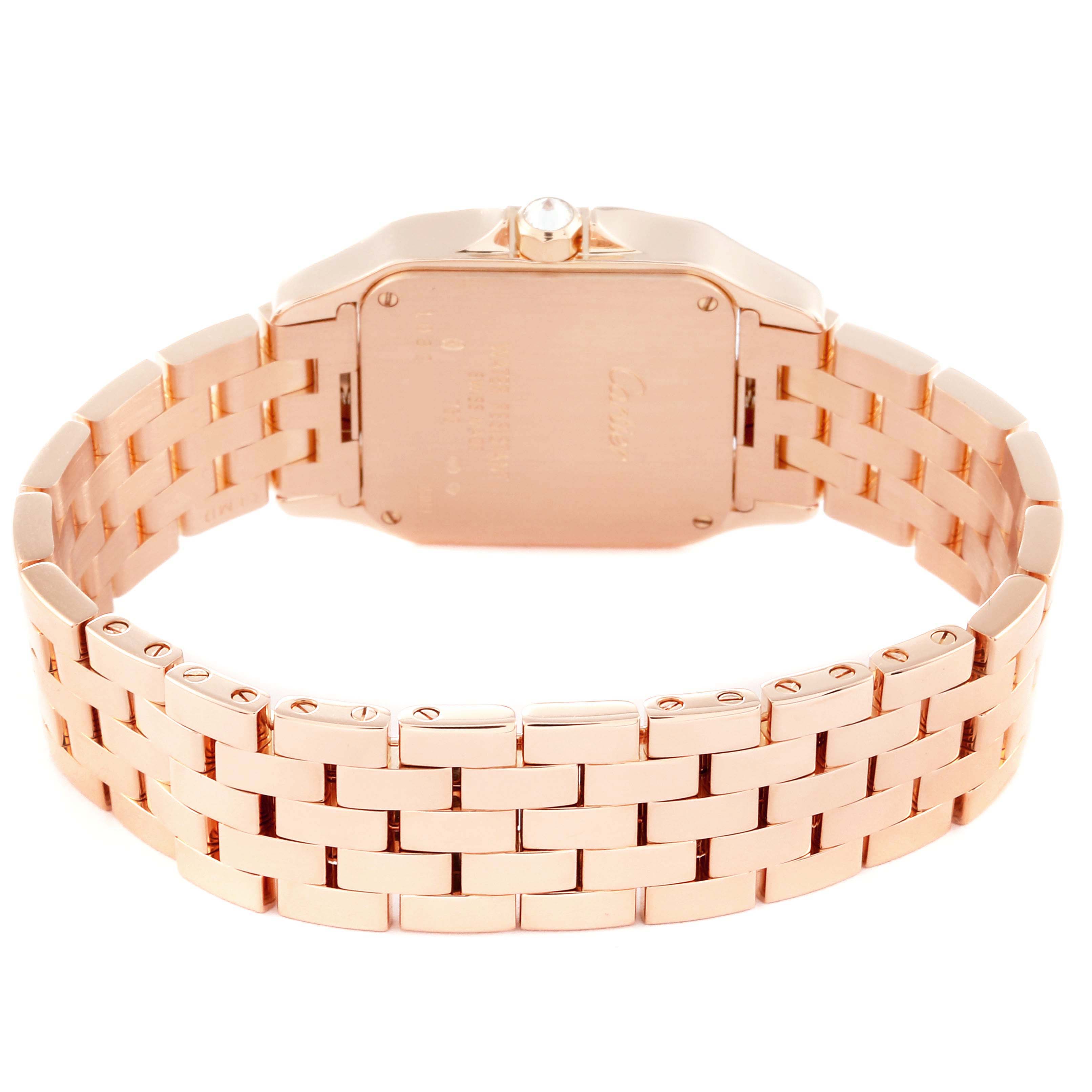 This is a Cartier Santos Demoiselle WF9007Z8 Women
s Rose Gold Silver Dial WF9007Z8 Women
s Rose Gold Silver Dial watch shown from the back, highlighting the case back and bracelet.