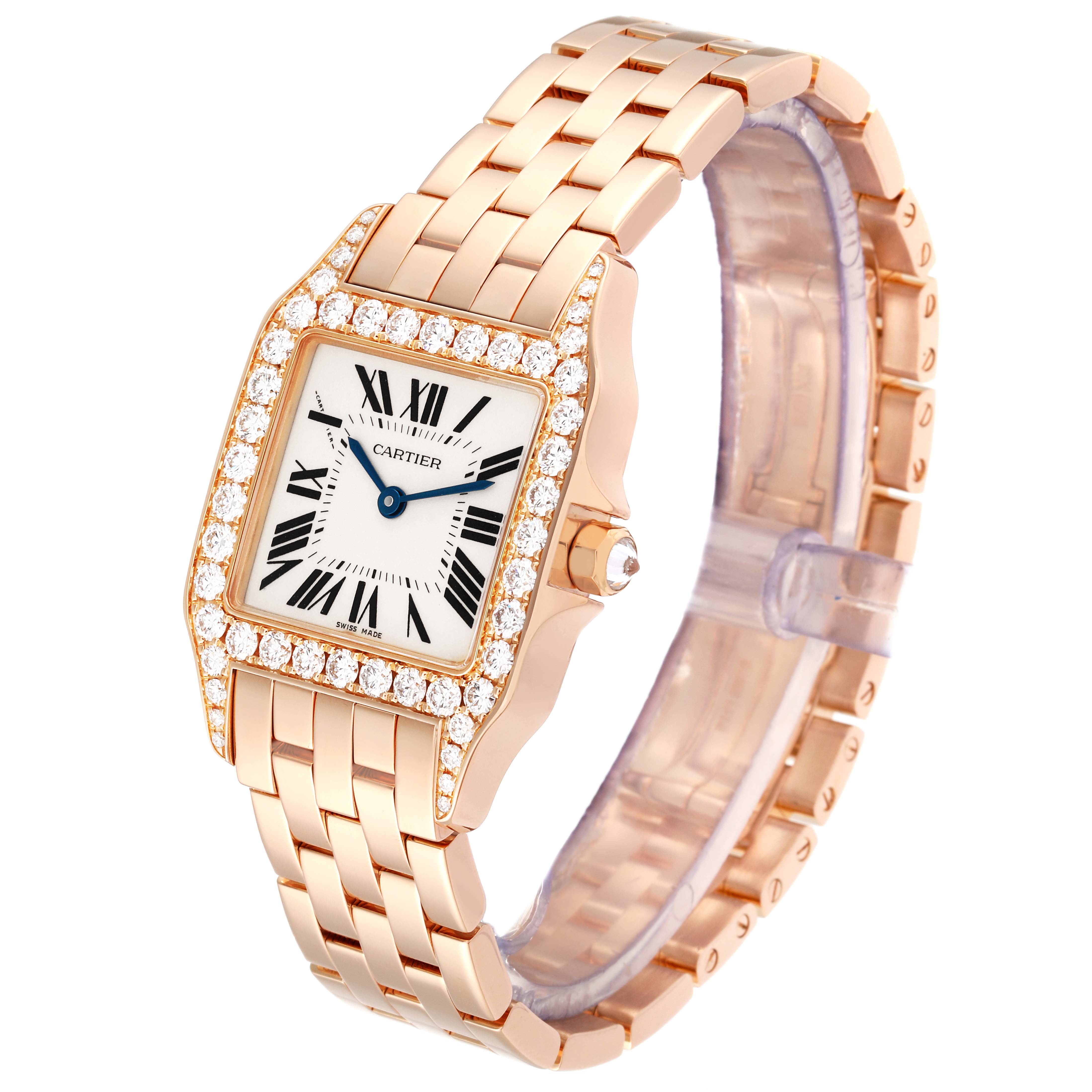 This Cartier Santos Demoiselle WF9007Z8 Women
s Rose Gold Silver Dial WF9007Z8 Women
s Rose Gold Silver Dial watch is shown at a slight angle, displaying the face, bezel, and bracelet.